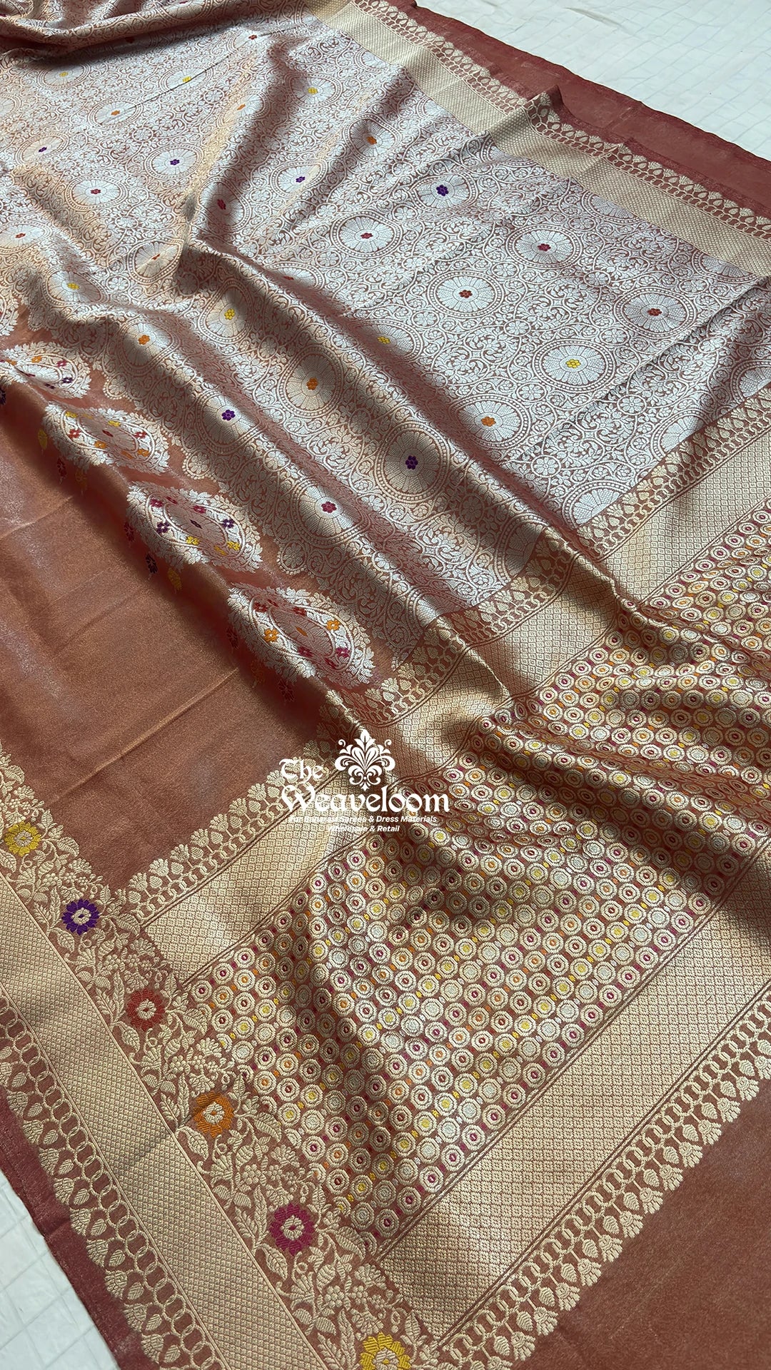 Rust Orange Meenakari Jaal Handloom Katan Tissue Pure Banarasi Saree by The Weaveloom