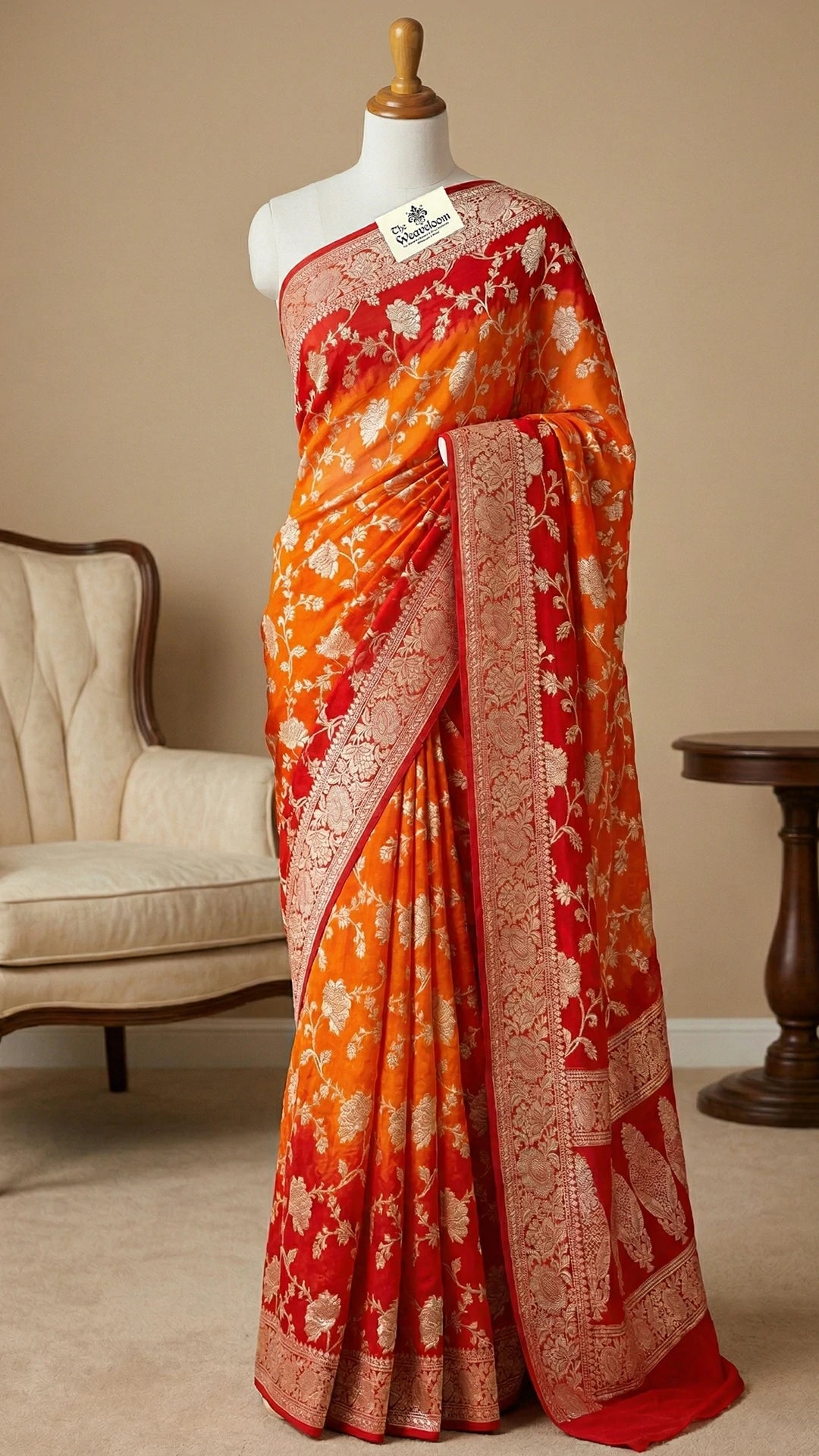 The Weaveloom Rust Orange & Red Pure Crepe Georgette Banarasi Saree with Golden Zari Floral Jaal Work