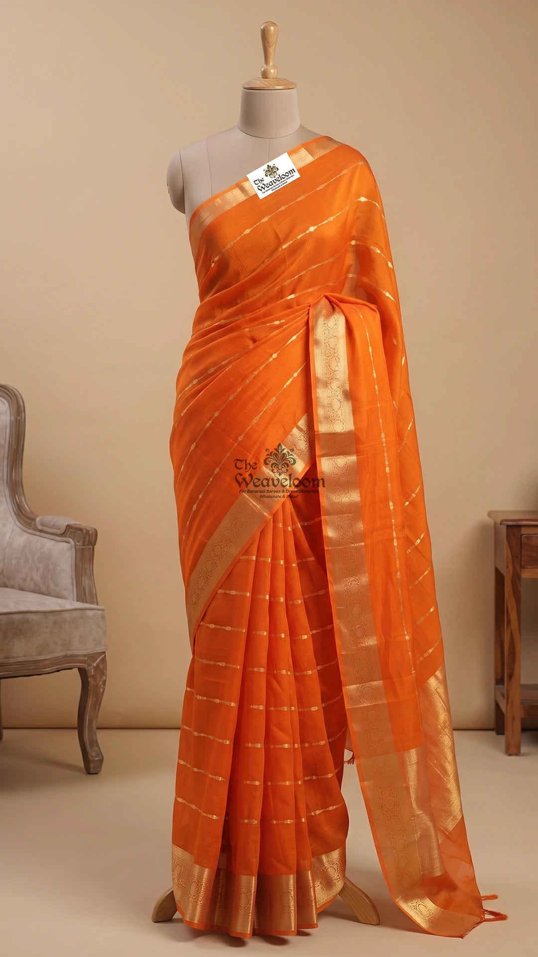 Rust orange striped Kora Silk Pure Banarasi saree by The Weaveloom