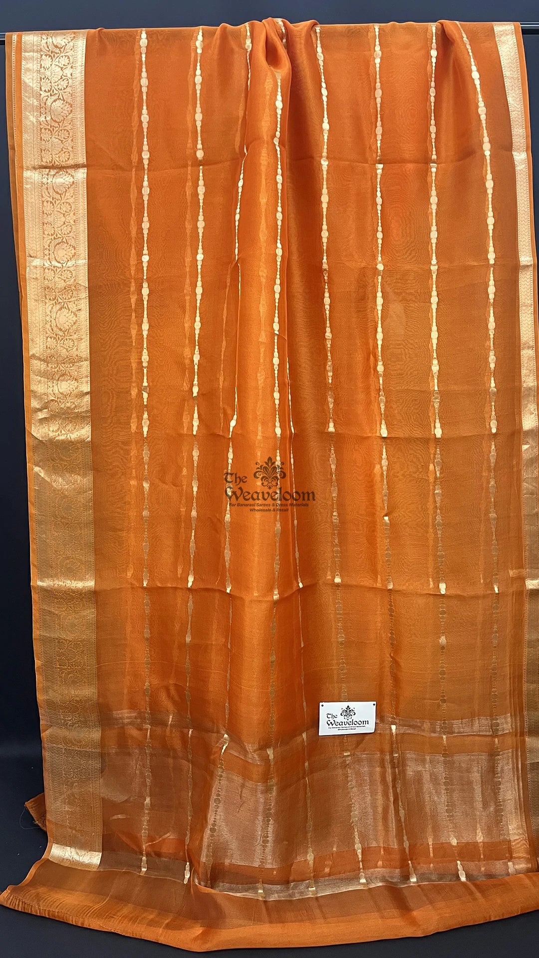 Rust orange striped Kora Silk Pure Banarasi saree by The Weaveloom