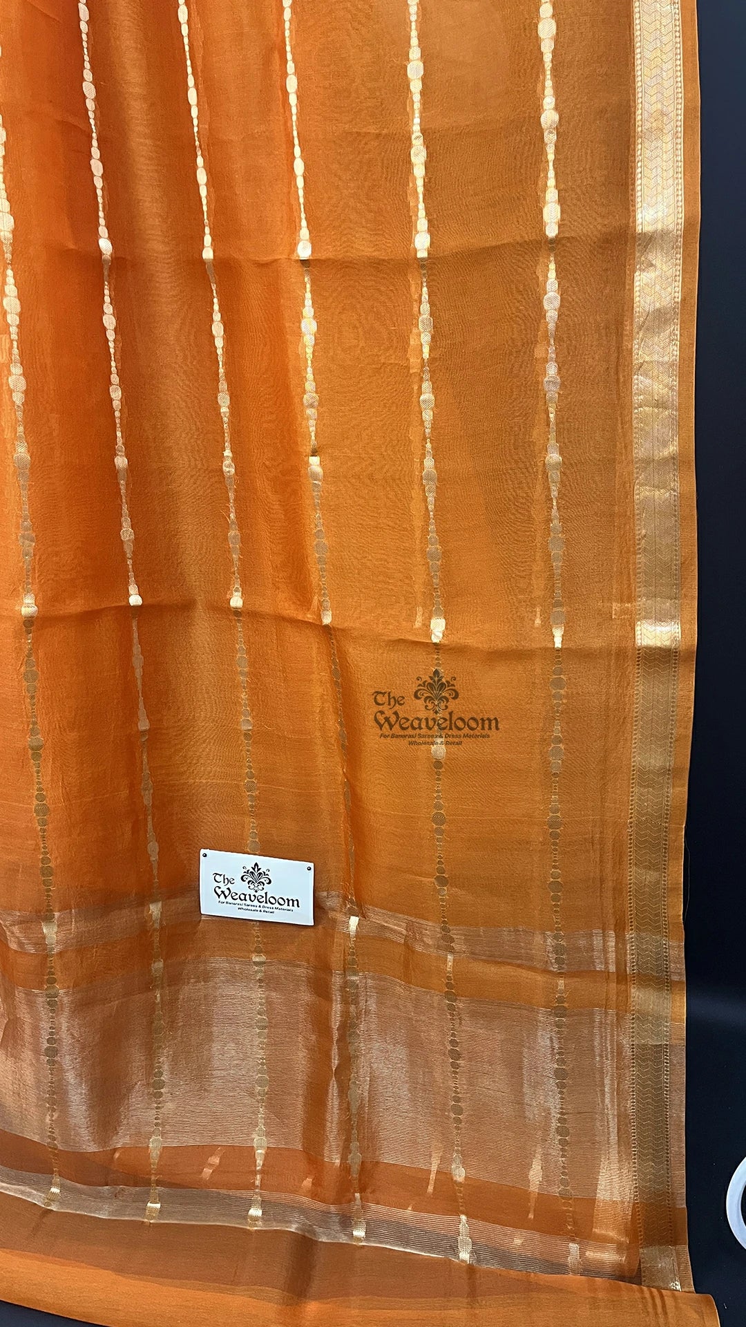 Rust orange striped Kora Silk Pure Banarasi saree by The Weaveloom