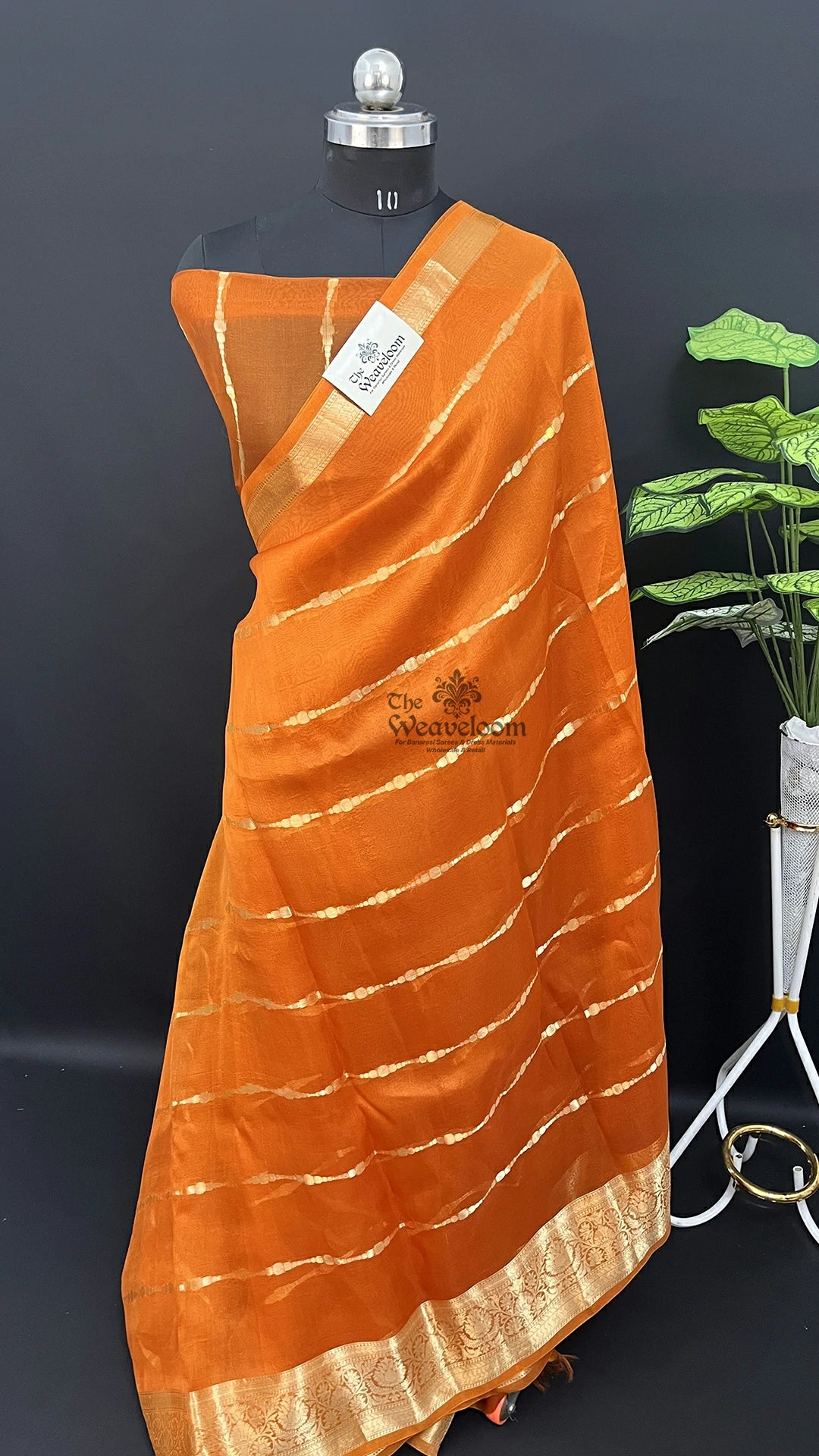 Rust orange striped Kora Silk Pure Banarasi saree by The Weaveloom