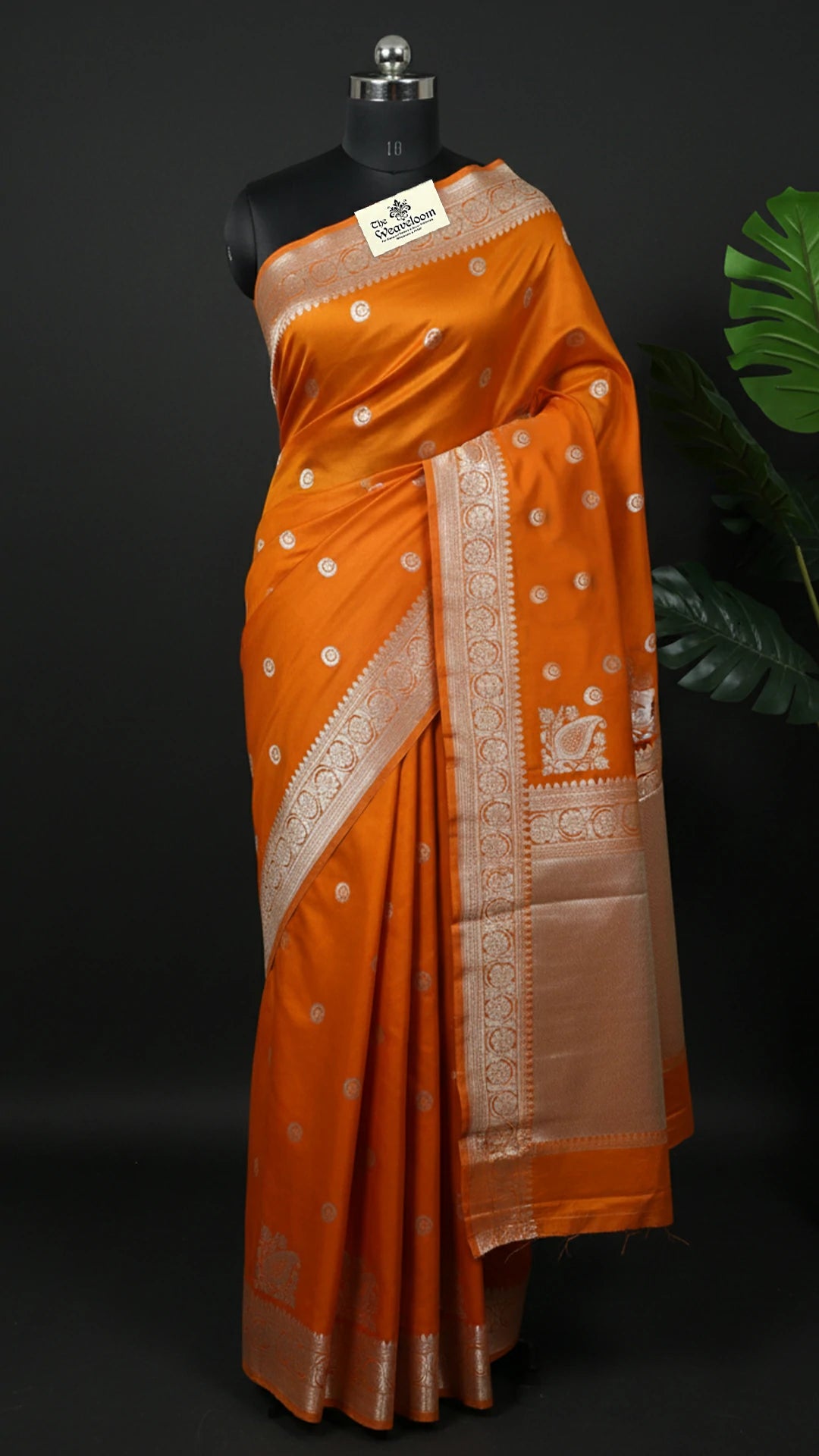 Rust Pure Katan Silk Handloom Banarasi Saree with Sona Rupa Chand Tara Motifs by The Weaveloom