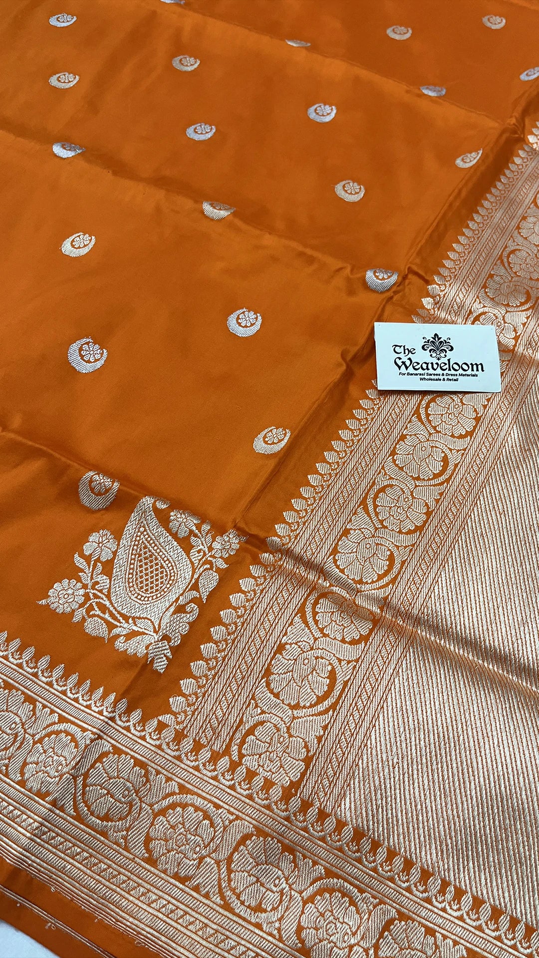 Rust Pure Katan Silk Handloom Banarasi Saree with Sona Rupa Chand Tara Motifs by The Weaveloom