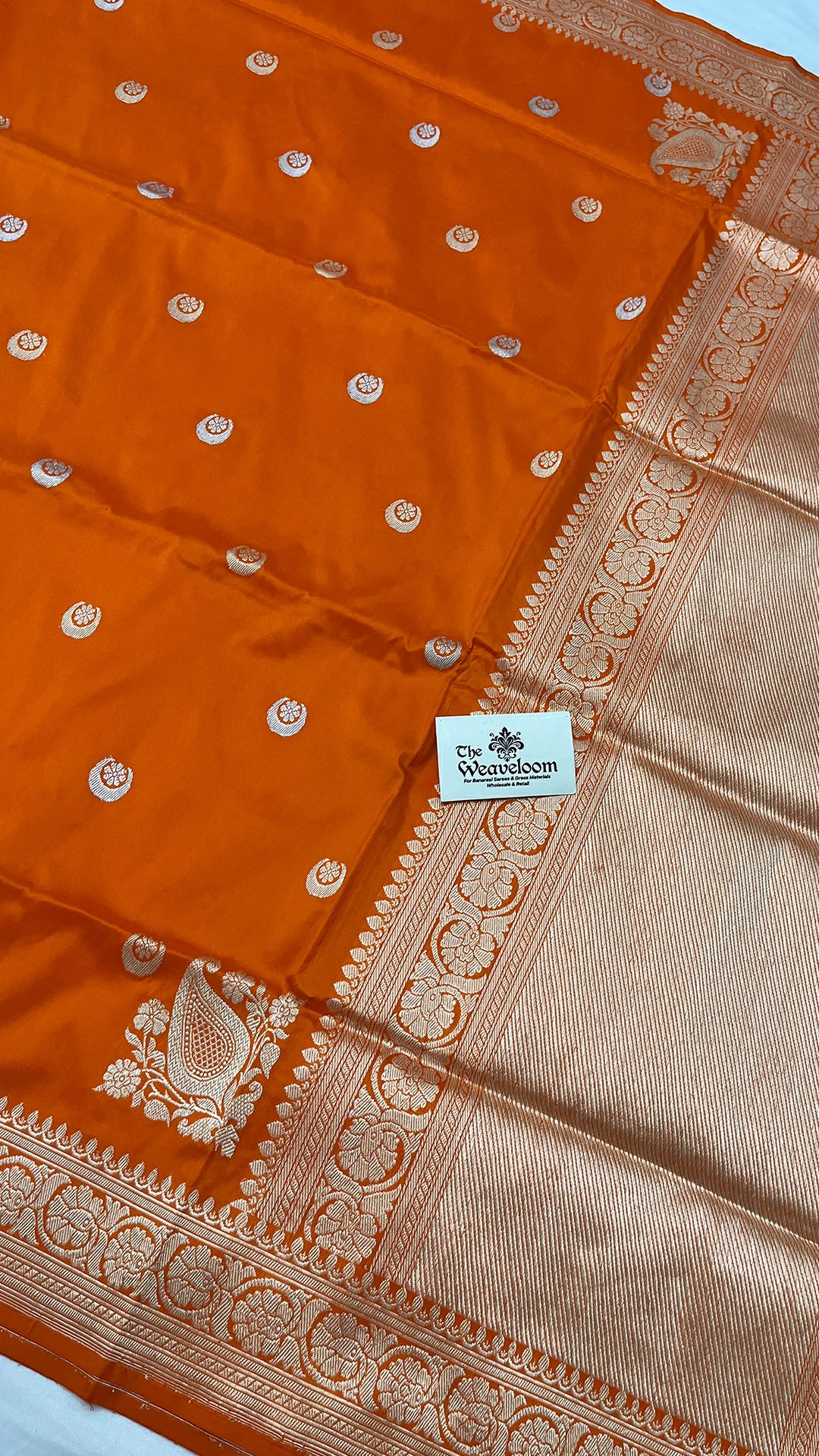 Rust Pure Katan Silk Handloom Banarasi Saree with Sona Rupa Chand Tara Motifs by The Weaveloom