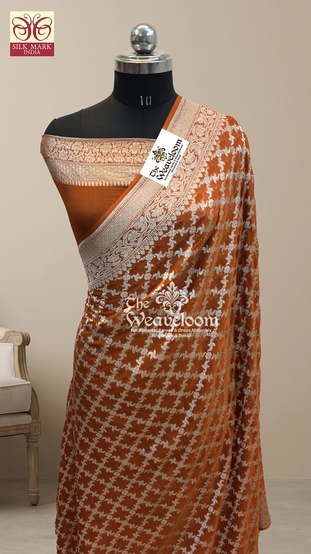 Rust silver zari jaal Khaddi Georgette pure Banarasi saree by The Weaveloom