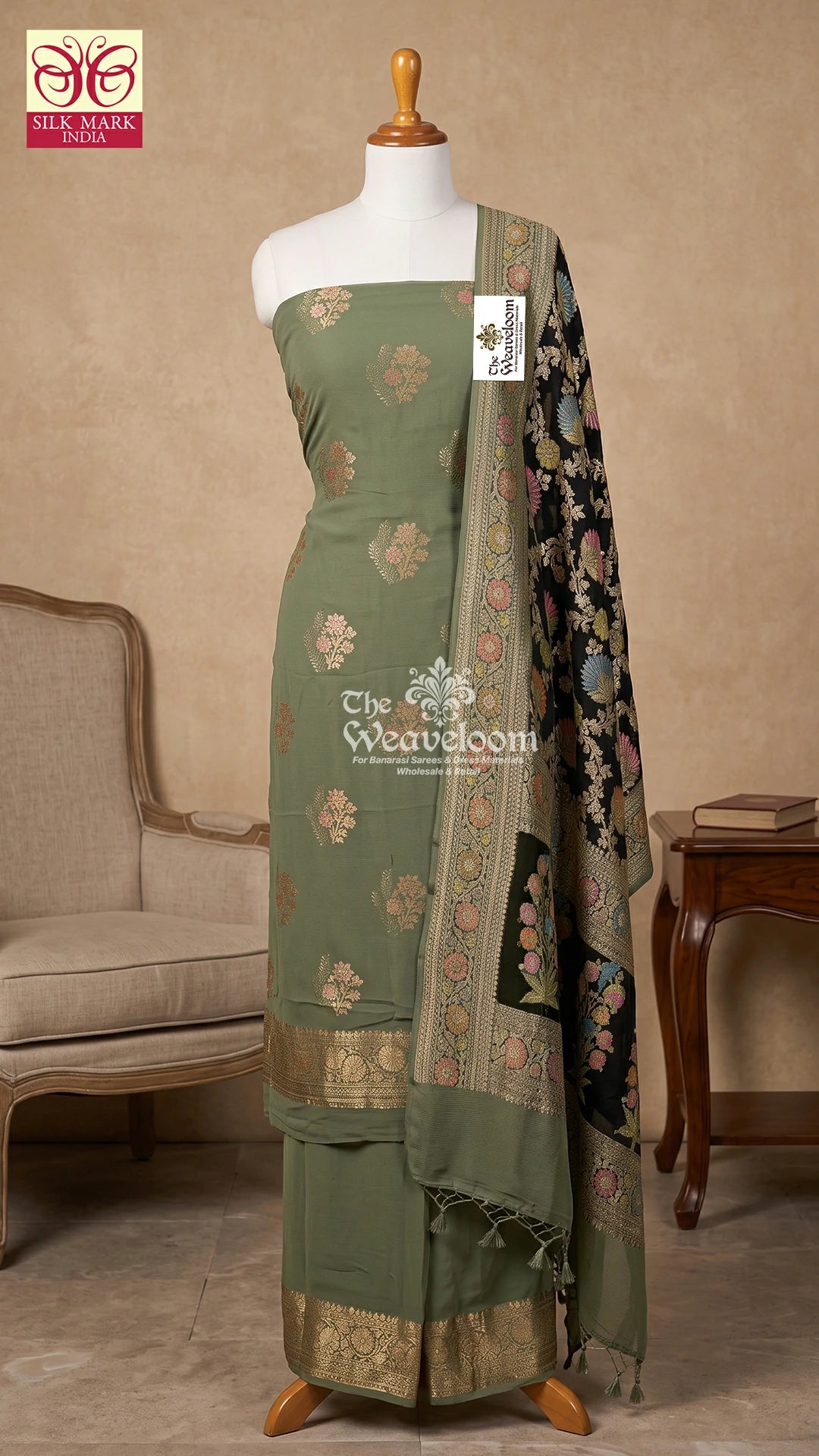 Sage Green Floral Buti Khaddi Georgette Pure Banarasi Dress Material with Black Dupatta by The Weaveloom