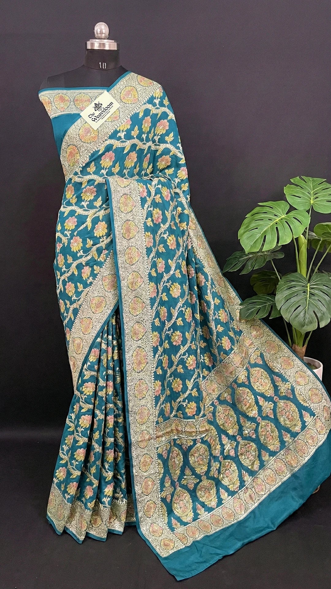 Sapphir Blue Floral Vine Pure Crepe Georgette Banarasi Saree with Golden Zari Handbrush Work by The Weaveloom