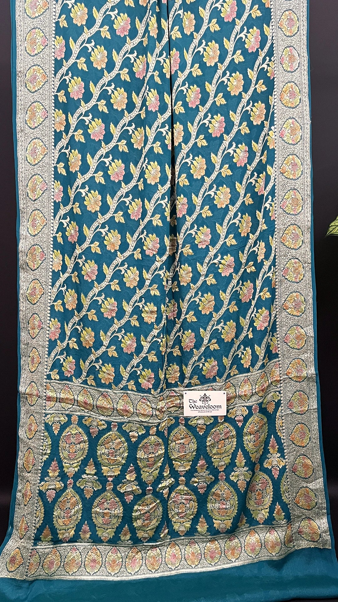 Sapphir Blue Floral Vine Pure Crepe Georgette Banarasi Saree with Golden Zari Handbrush Work by The Weaveloom