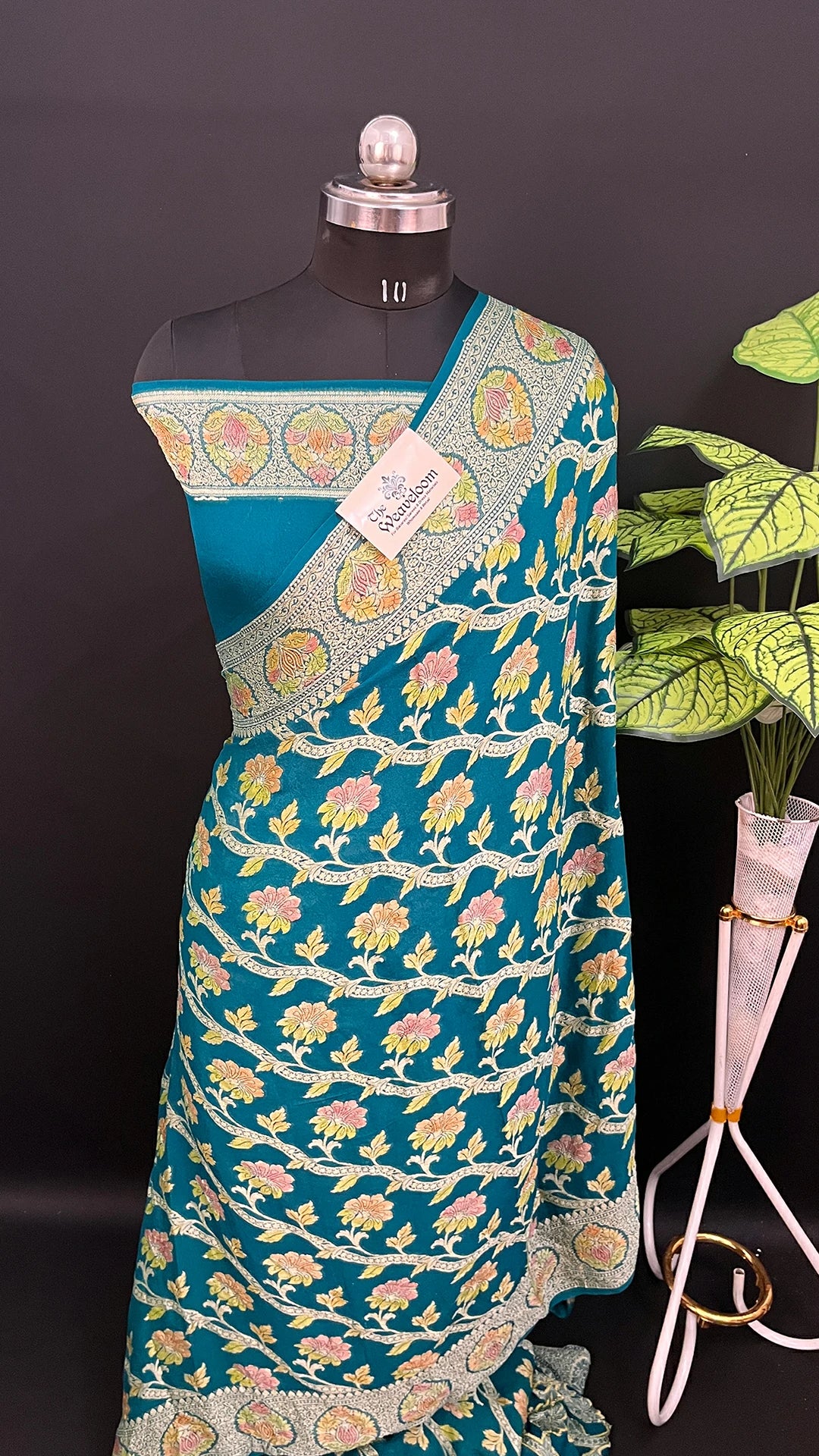 Sapphir Blue Floral Vine Pure Crepe Georgette Banarasi Saree with Golden Zari Handbrush Work by The Weaveloom