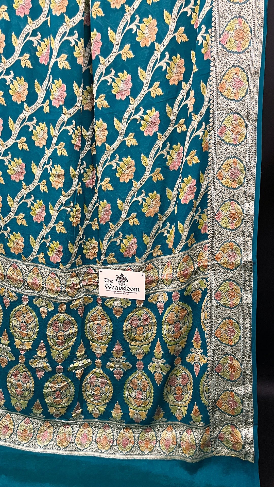 Sapphir Blue Floral Vine Pure Crepe Georgette Banarasi Saree with Golden Zari Handbrush Work by The Weaveloom