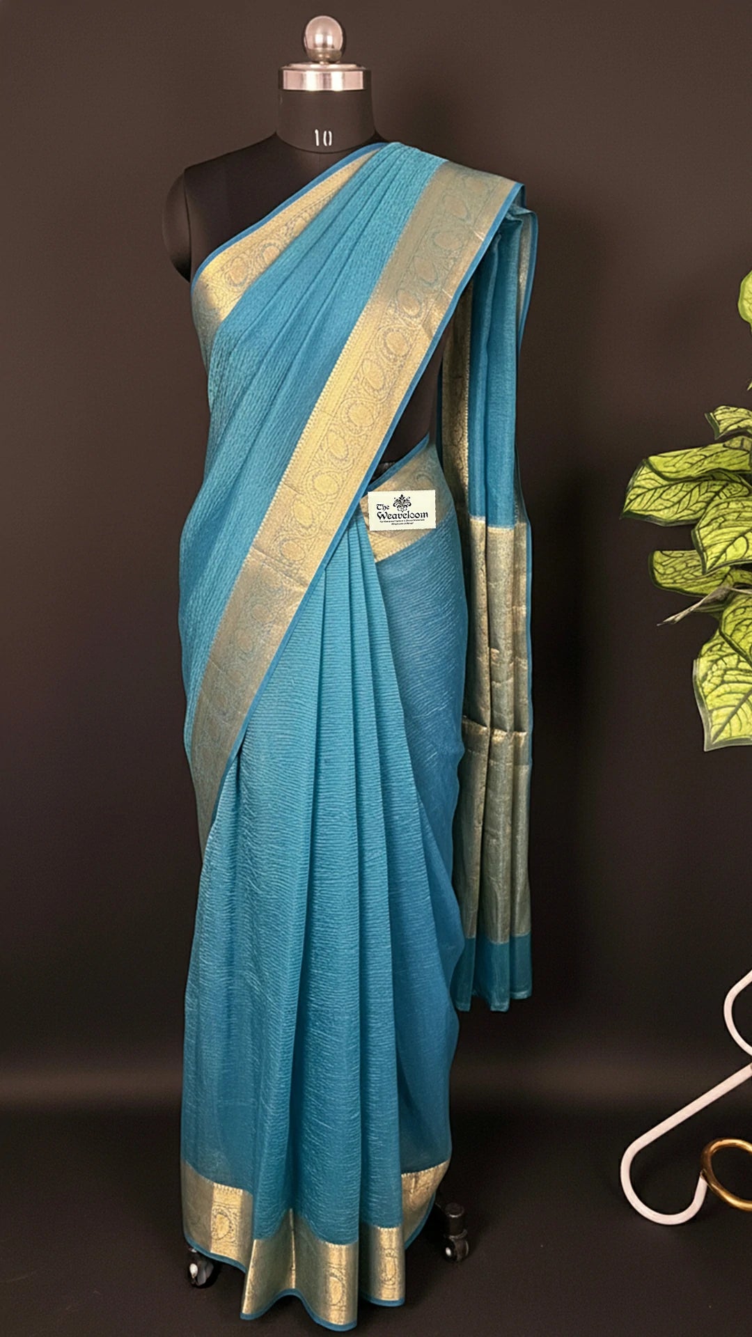 Sapphire Blue Crush Tissue Silk Pure Banarasi Saree with Gold Zari Floral Border Heavy Pallu - The Weaveloom