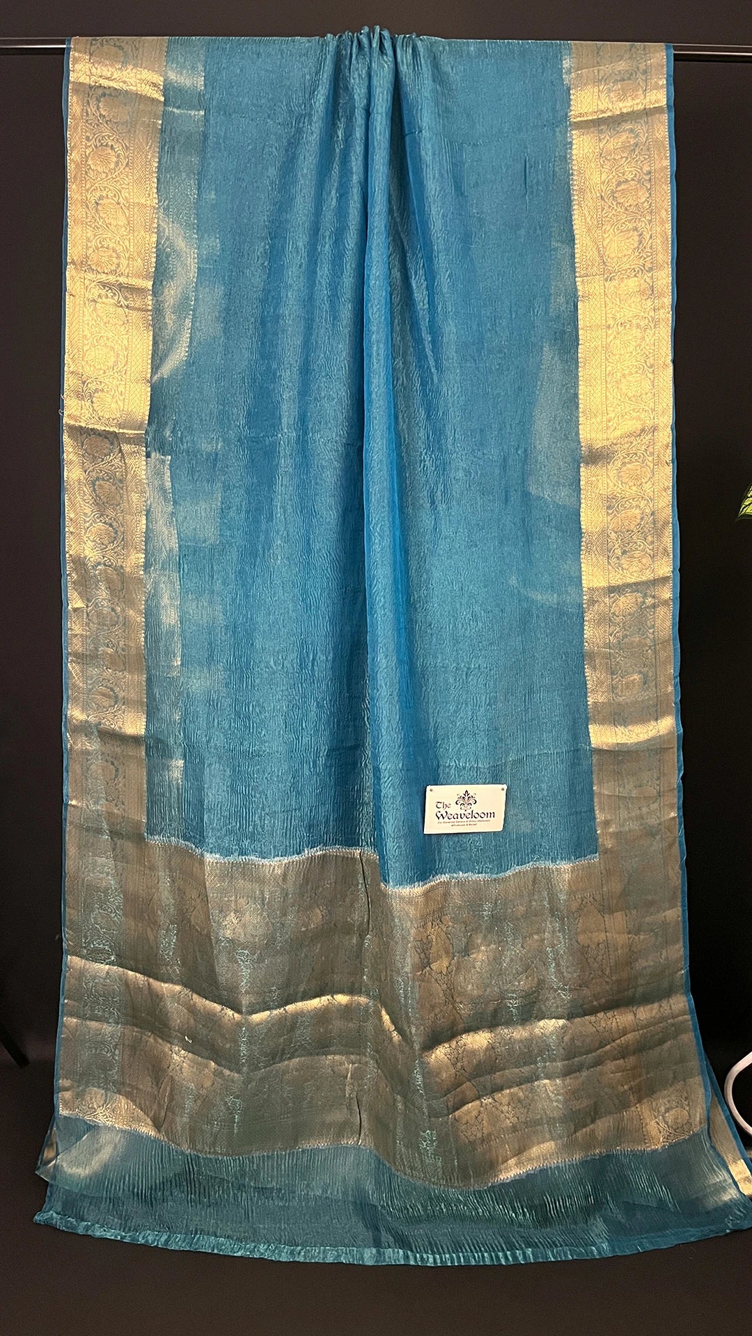 Sapphire Blue Crush Tissue Silk Pure Banarasi Saree with Gold Zari Floral Border Heavy Pallu - The Weaveloom