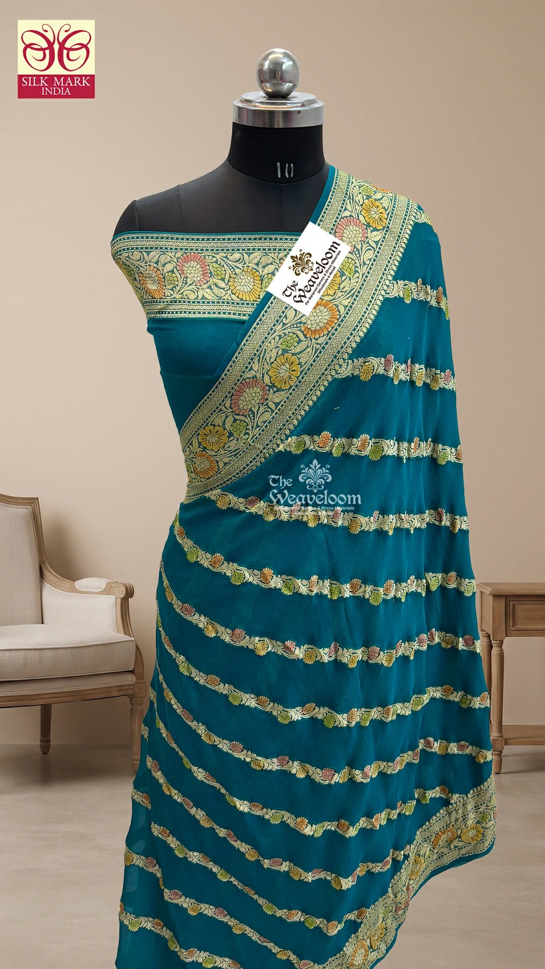 Sapphire Blue Diagonal Floral Stripe Handbrush Work Crepe Georgette Pure Banarasi Saree by The Weaveloom