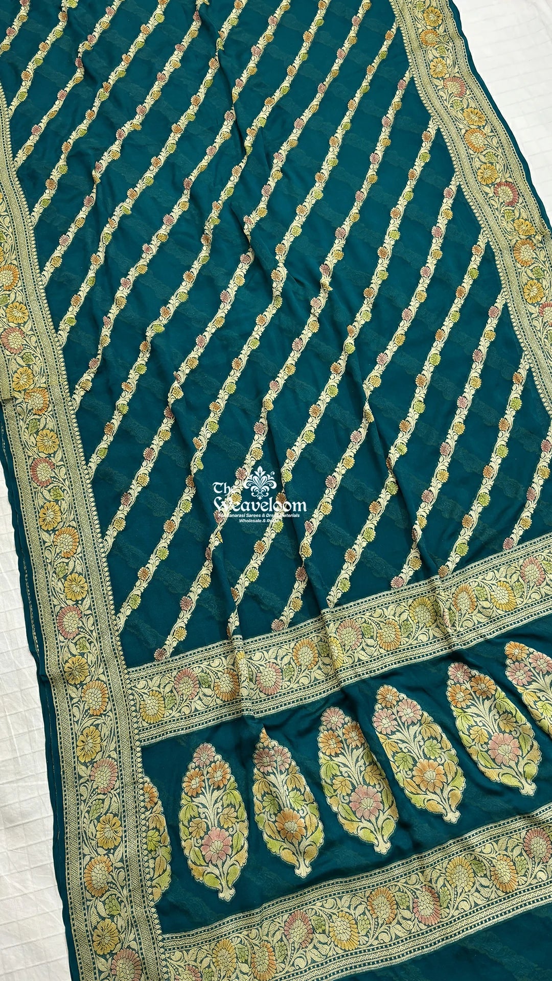 Sapphire Blue Diagonal Floral Stripe Handbrush Work Crepe Georgette Pure Banarasi Saree by The Weaveloom