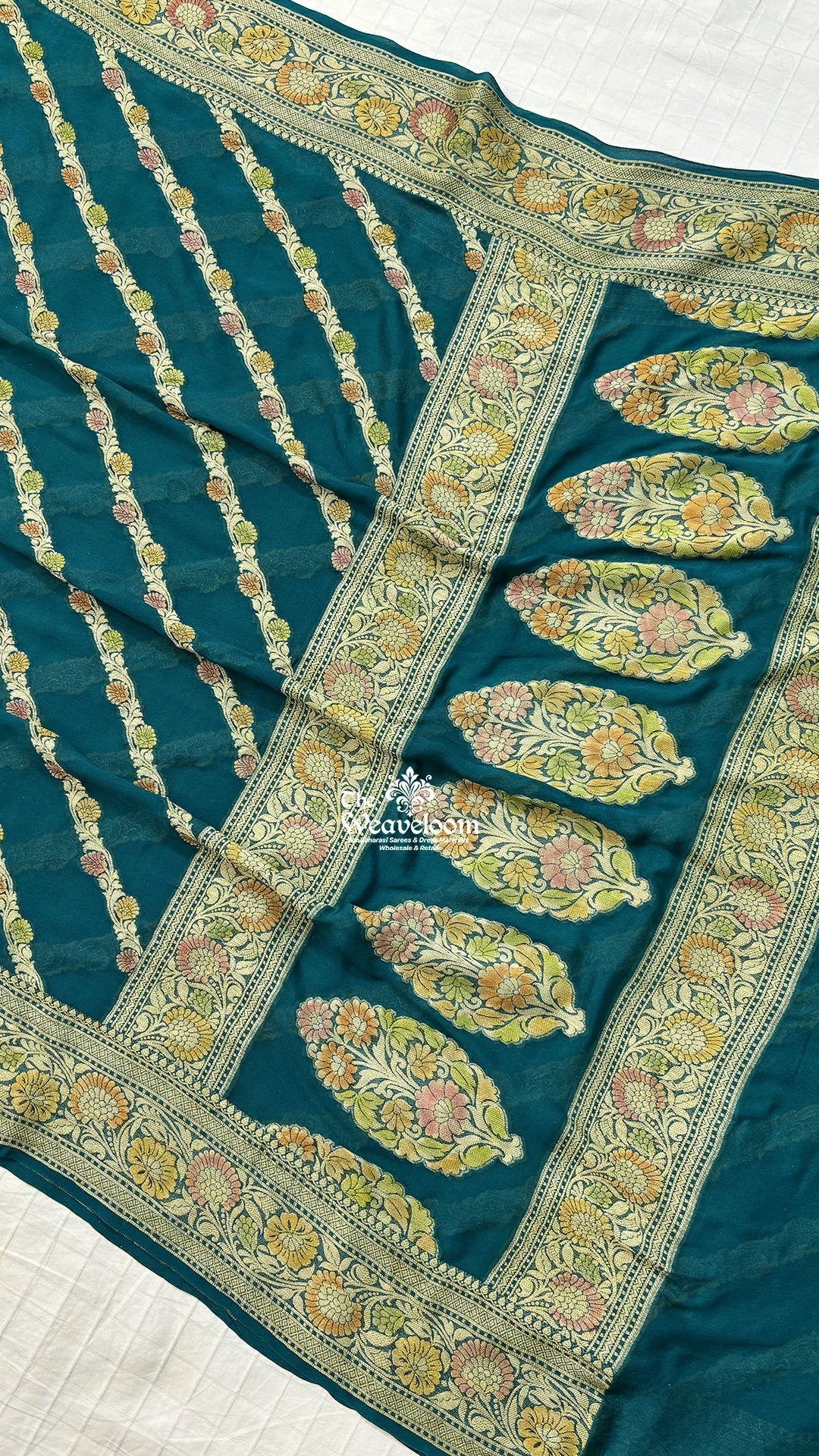 Sapphire Blue Diagonal Floral Stripe Handbrush Work Crepe Georgette Pure Banarasi Saree by The Weaveloom