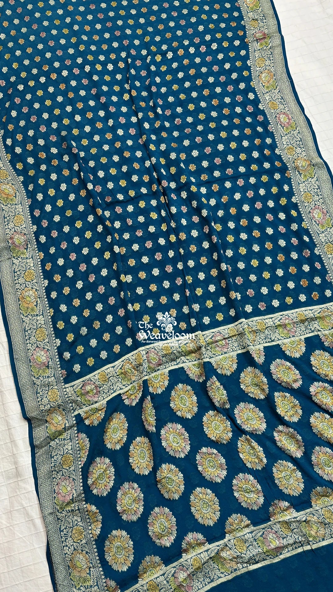 Sapphire blue floral booti crepe georgette pure Banarasi saree by The Weaveloom