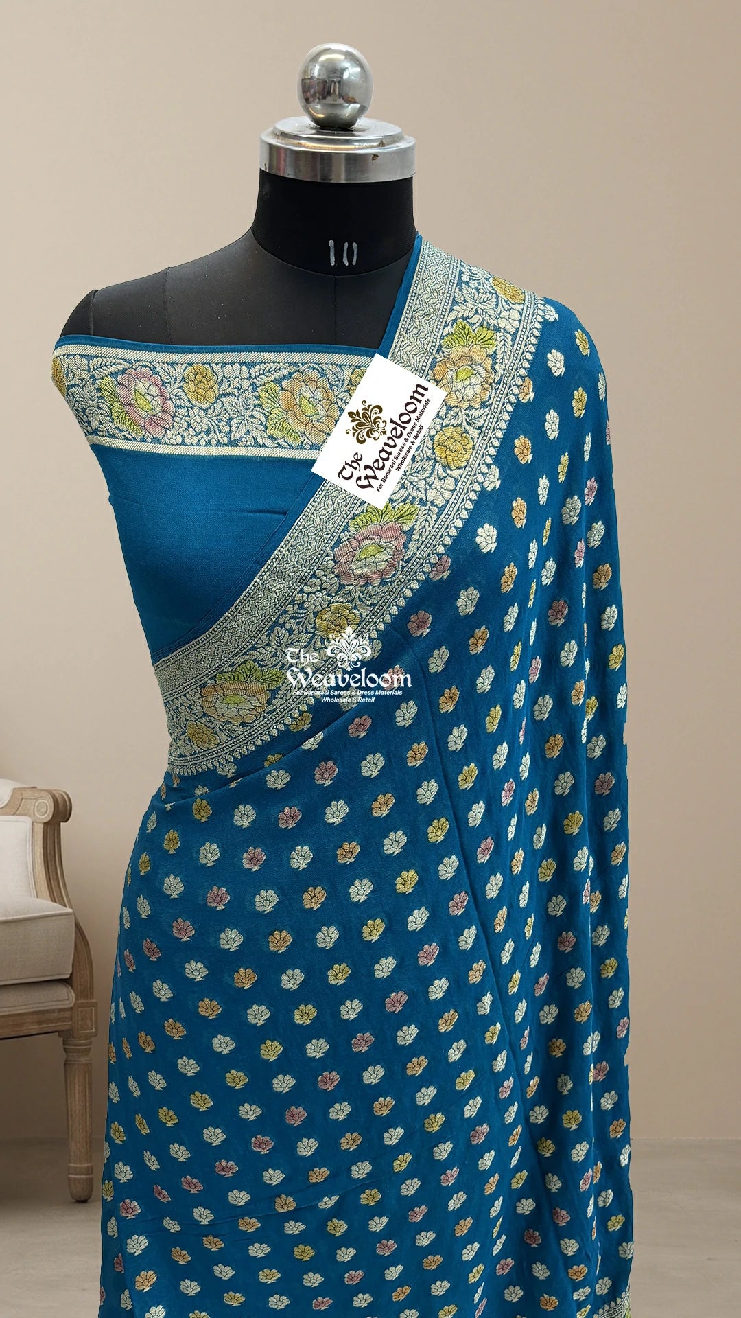 Sapphire blue floral booti crepe georgette pure Banarasi saree by The Weaveloom
