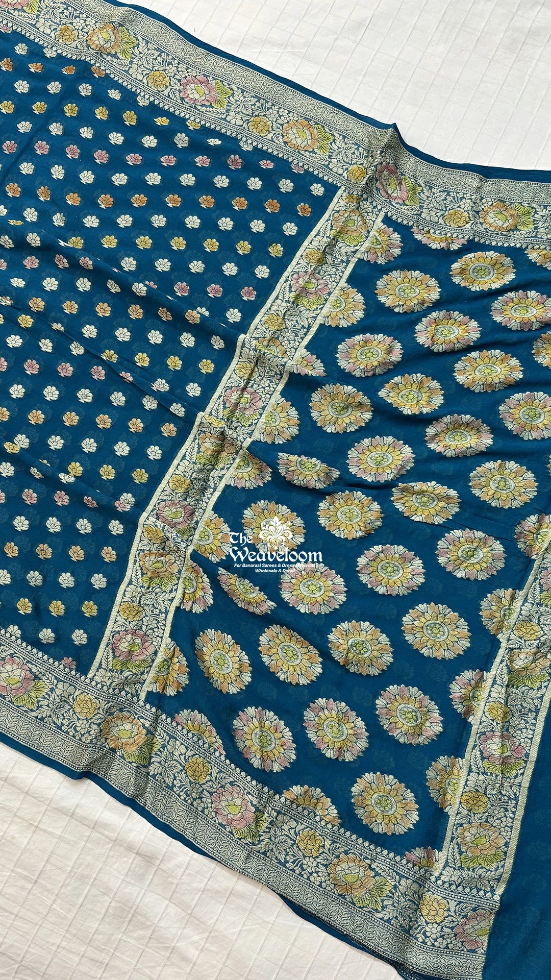 Sapphire blue floral booti crepe georgette pure Banarasi saree by The Weaveloom