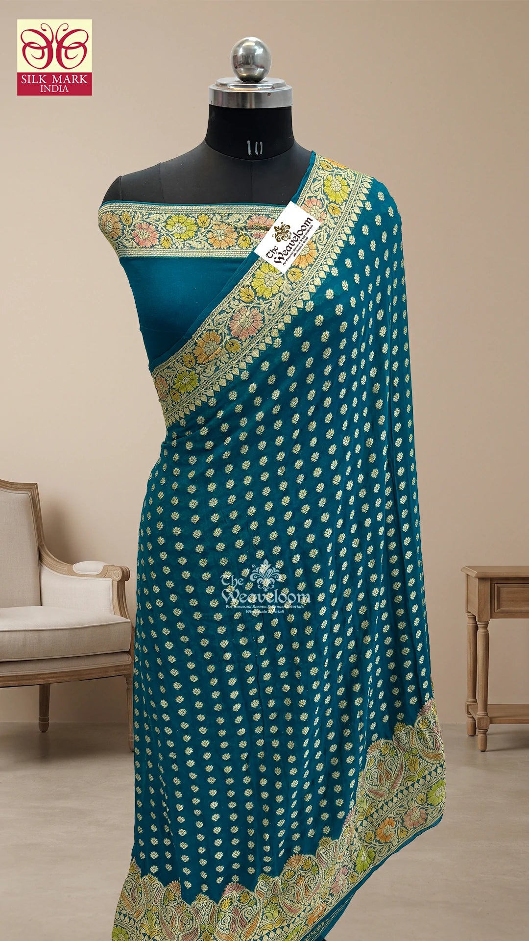 Sapphire Blue Handbrush Paisley Pure Crepe Georgette Banarasi Saree by The Weaveloom