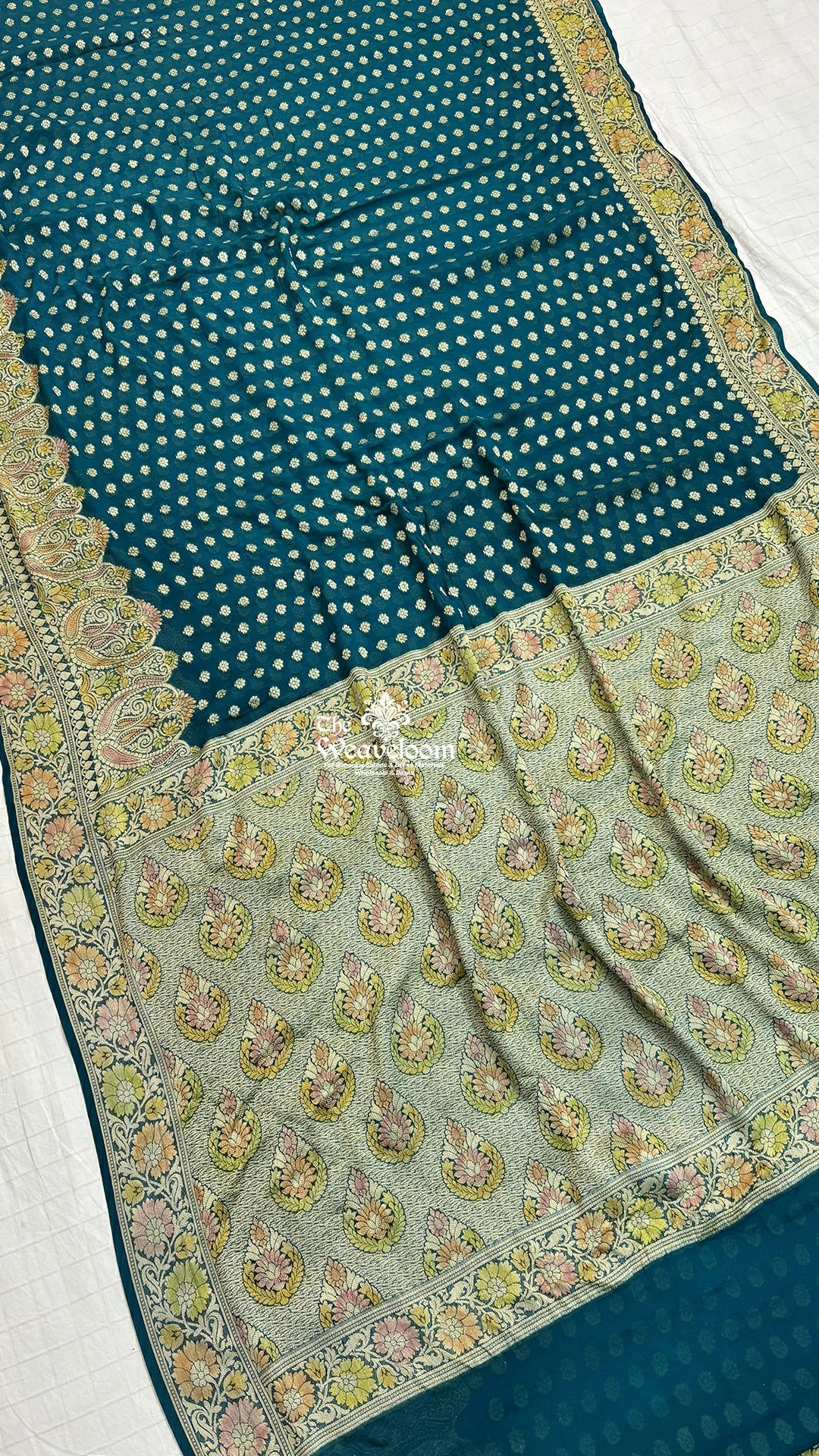 Sapphire Blue Handbrush Paisley Pure Crepe Georgette Banarasi Saree by The Weaveloom