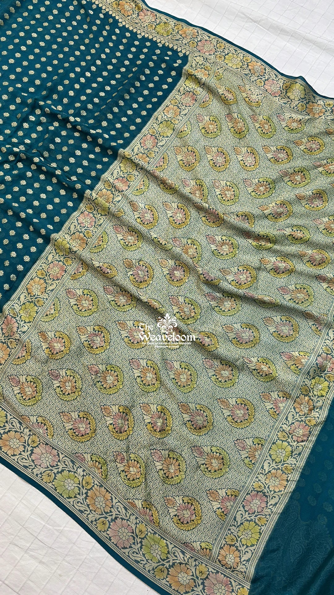 Sapphire Blue Handbrush Paisley Pure Crepe Georgette Banarasi Saree by The Weaveloom