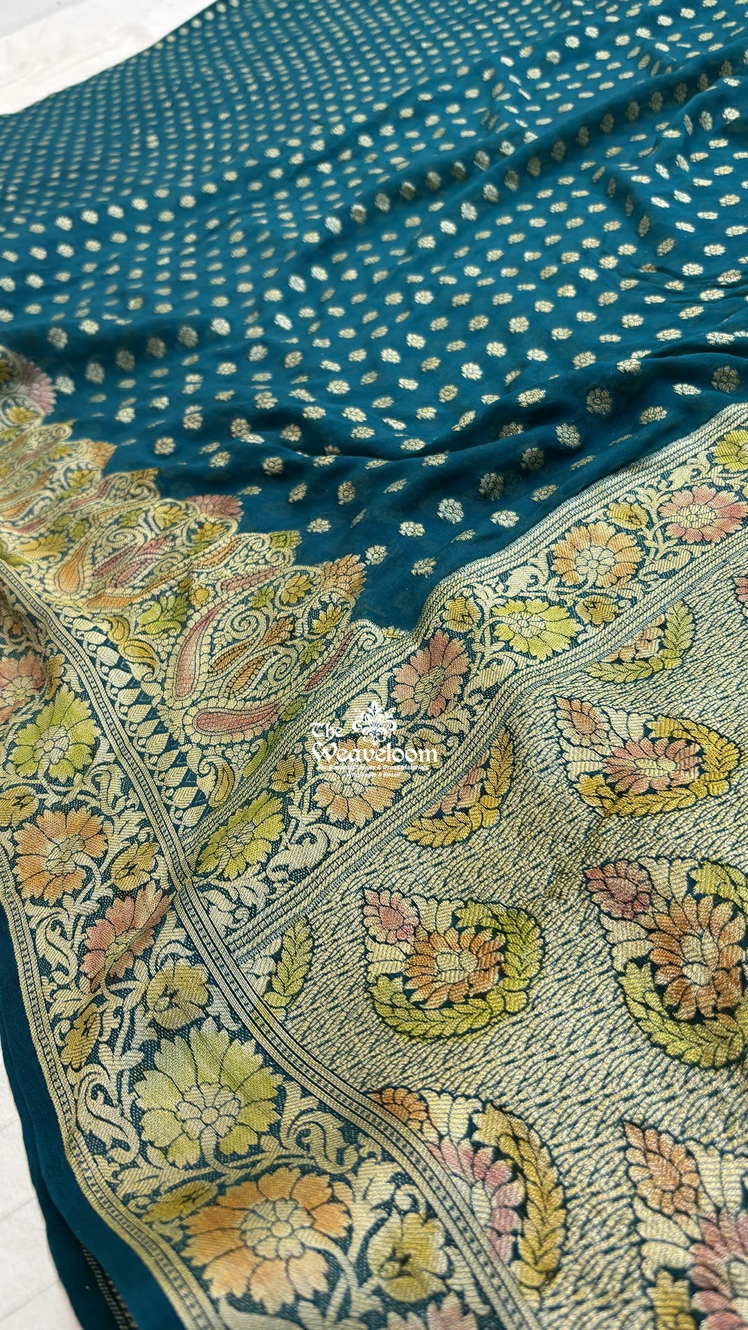 Sapphire Blue Handbrush Paisley Pure Crepe Georgette Banarasi Saree by The Weaveloom