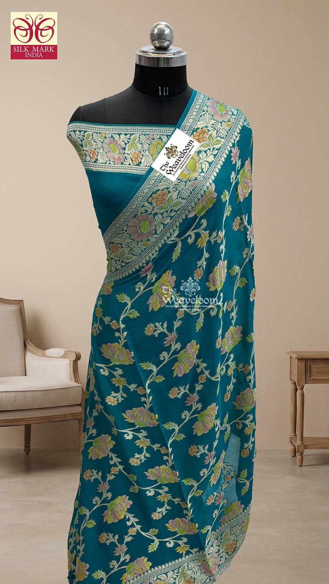 Sapphire Blue Handbrush Dye Jaal Work Crepe Georgette Pure Banarasi Saree by The Weaveloom