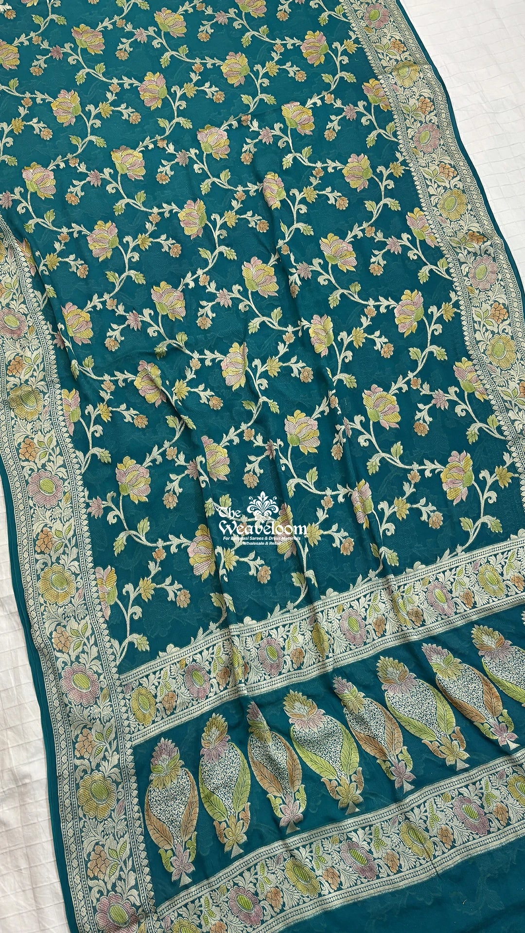 Sapphire Blue Handbrush Dye Jaal Work Crepe Georgette Pure Banarasi Saree by The Weaveloom