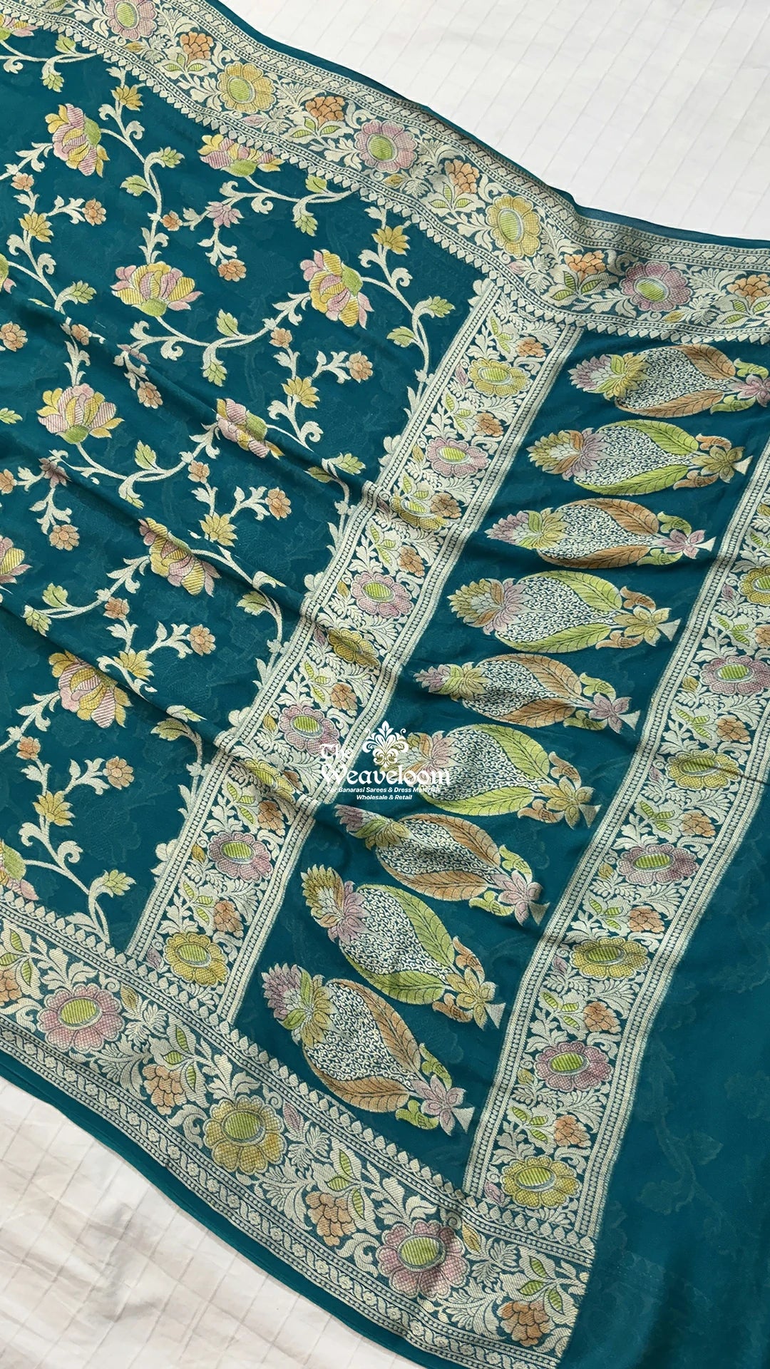 Sapphire Blue Handbrush Dye Jaal Work Crepe Georgette Pure Banarasi Saree by The Weaveloom