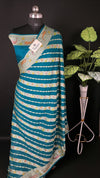 Sapphire Green Crepe Georgette Pure Banarasi Saree Diagonal Floral Zari Stripes Handbrush Accents The Weaveloom