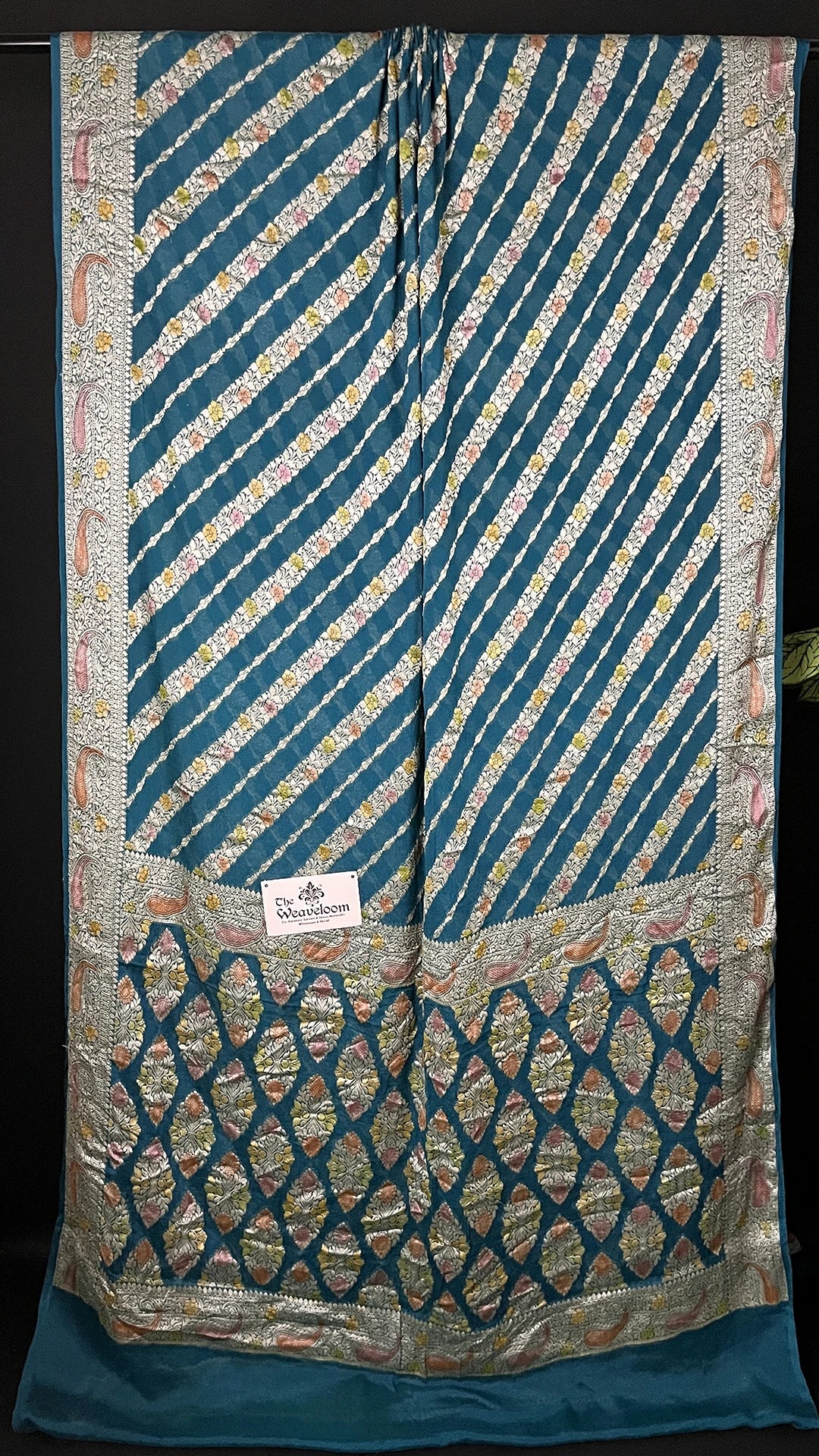 Sapphire Green Crepe Georgette Pure Banarasi Saree Diagonal Floral Zari Stripes Handbrush Accents The Weaveloom