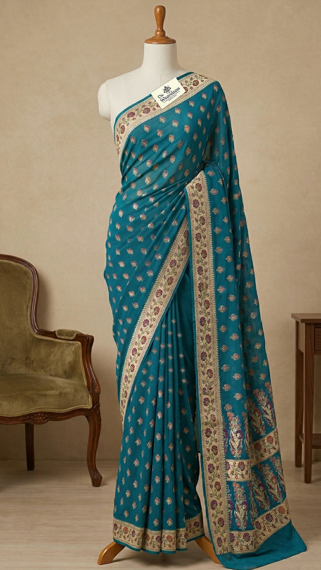 Sapphire Green Floral Meenakari Crepe Georgette Pure Banarasi Saree with Golden Zari Border by The Weaveloom