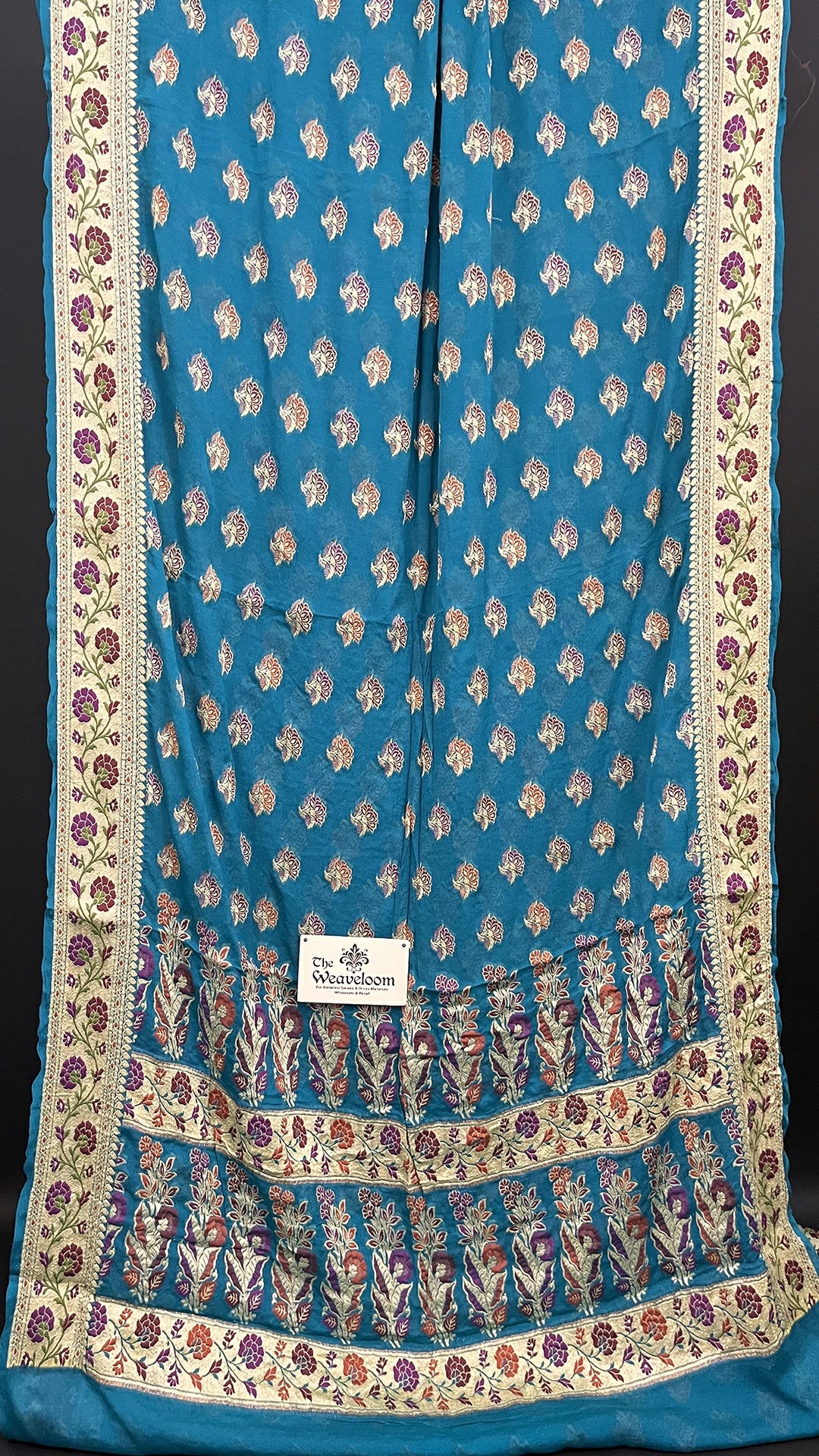 Sapphire Green Floral Meenakari Crepe Georgette Pure Banarasi Saree with Golden Zari Border by The Weaveloom
