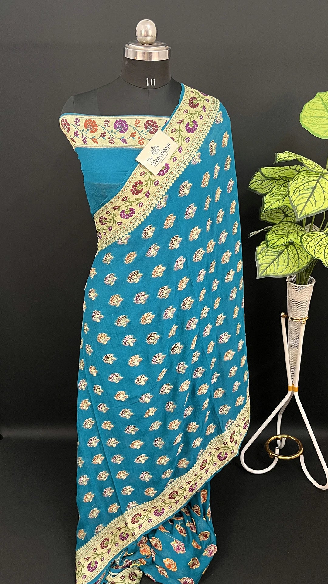 Sapphire Green Floral Meenakari Crepe Georgette Pure Banarasi Saree with Golden Zari Border by The Weaveloom