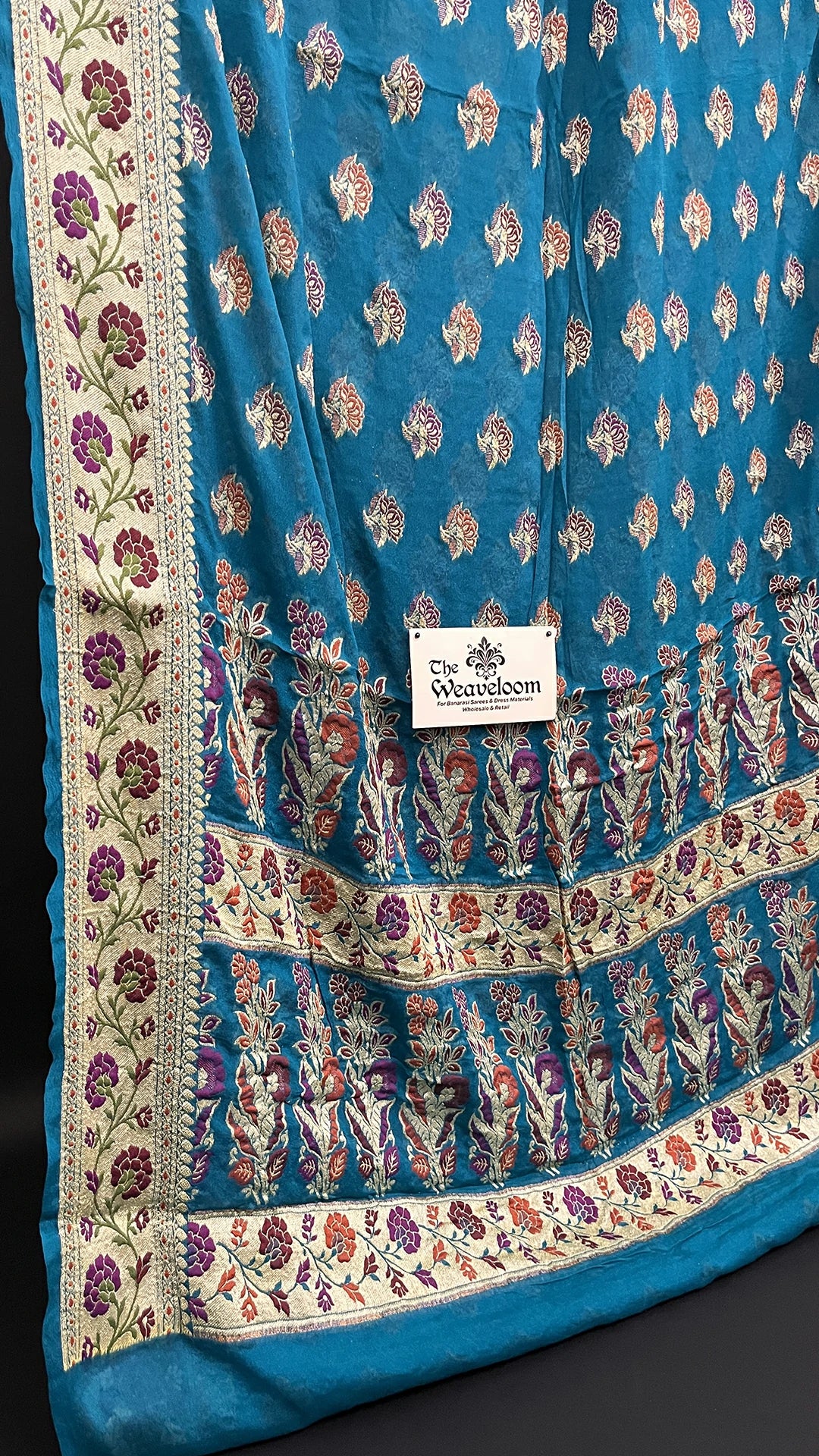 Sapphire Green Floral Meenakari Crepe Georgette Pure Banarasi Saree with Golden Zari Border by The Weaveloom