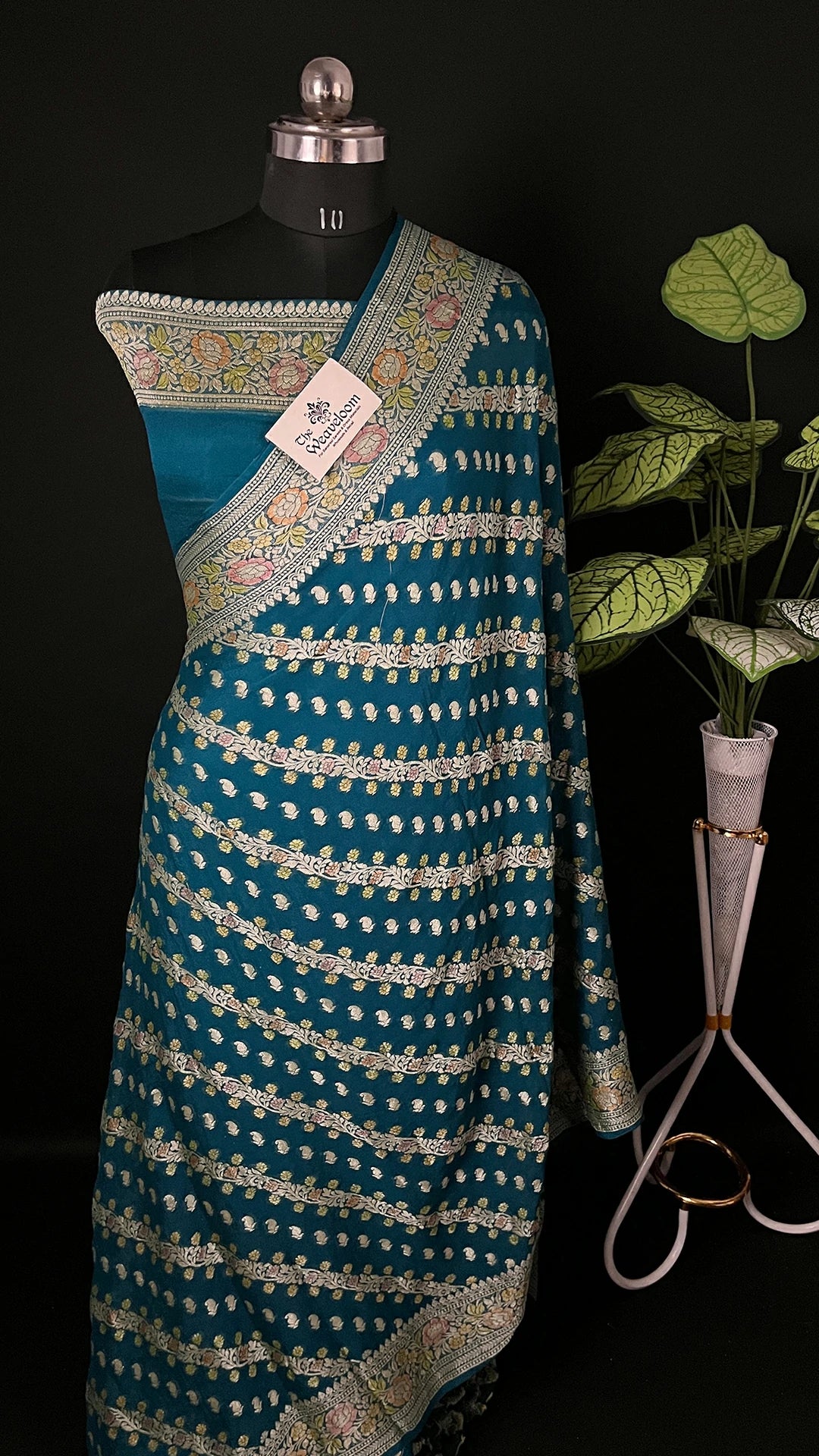 Sapphire Green Pure Crepe Georgette Banarasi Saree with Handbrush Zari Work by The Weaveloom