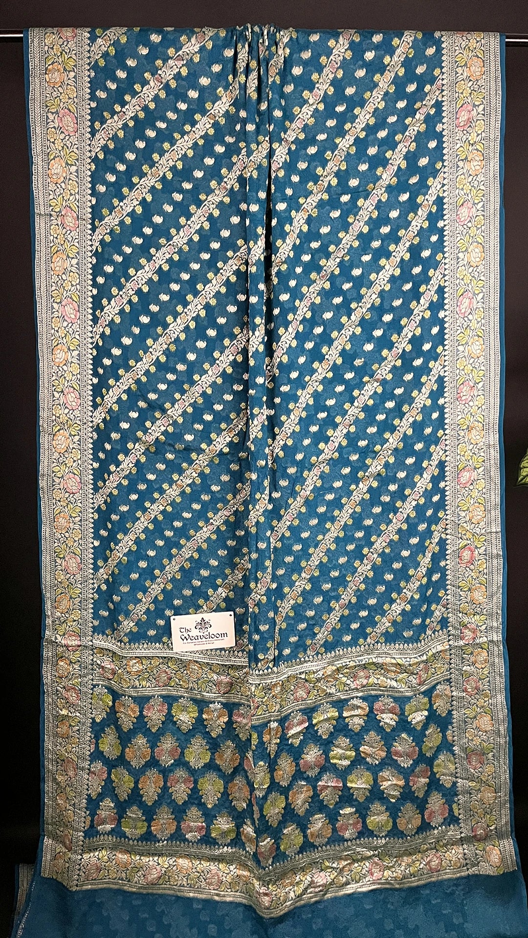 Sapphire Green Pure Crepe Georgette Banarasi Saree with Handbrush Zari Work by The Weaveloom