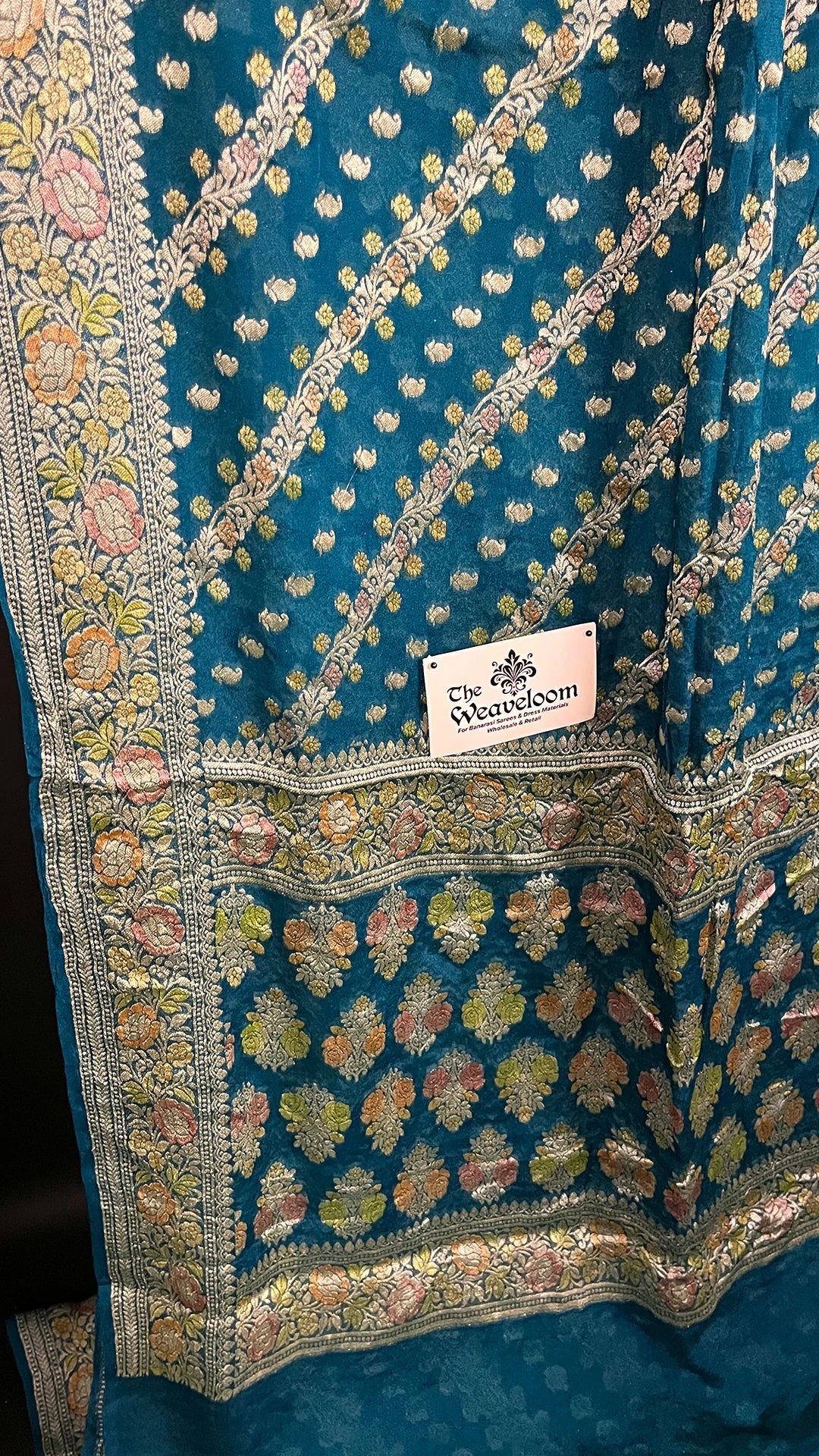 Sapphire Green Pure Crepe Georgette Banarasi Saree with Handbrush Zari Work by The Weaveloom