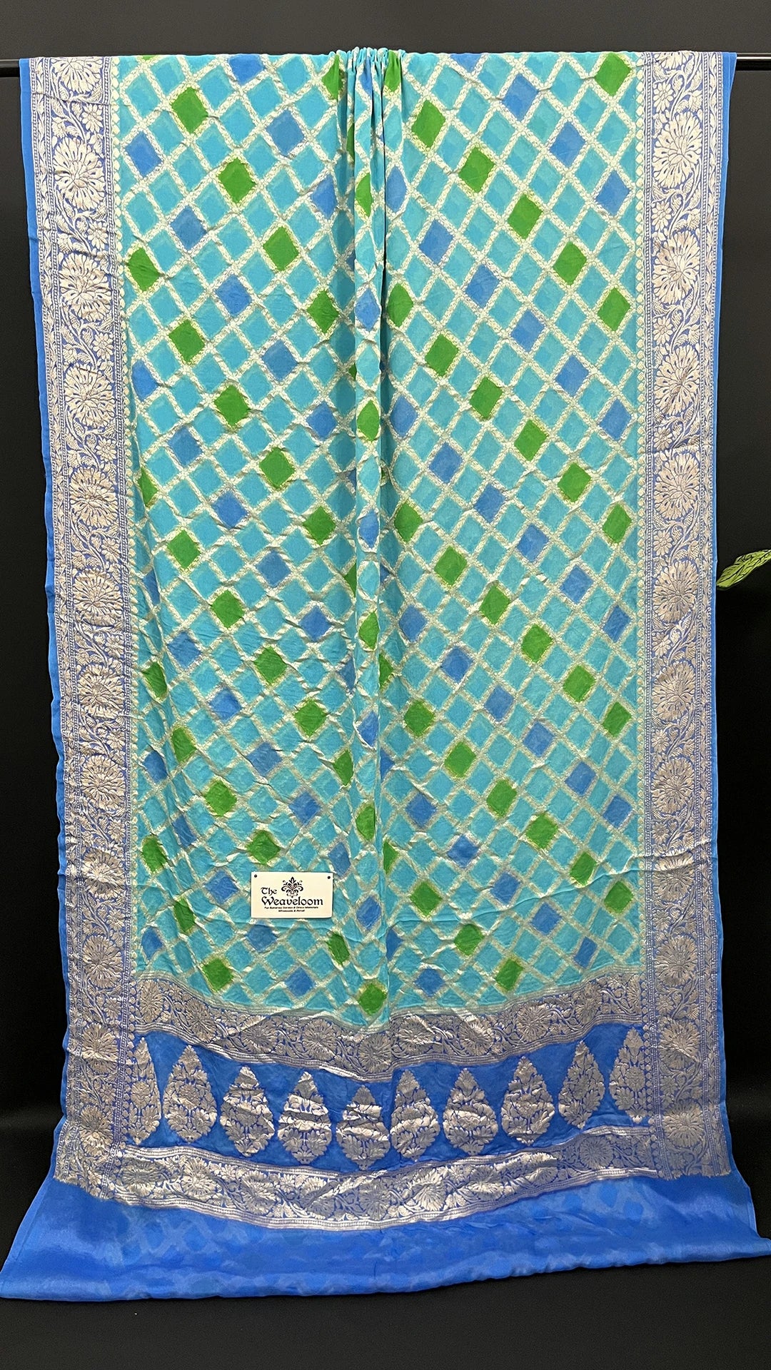 Sea Green Crepe Georgette Rangkat Pure Banarasi Saree Multicolor Lattice Silver Zari Border - The Weaveloom