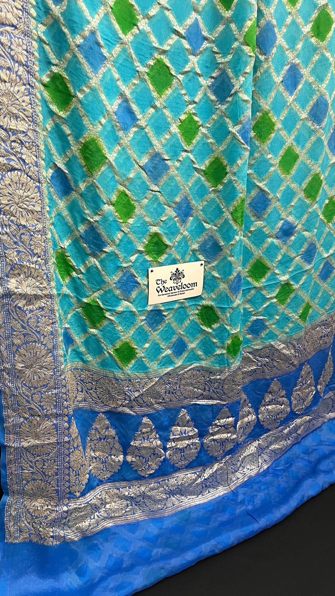 Sea Green Crepe Georgette Rangkat Pure Banarasi Saree Multicolor Lattice Silver Zari Border - The Weaveloom
