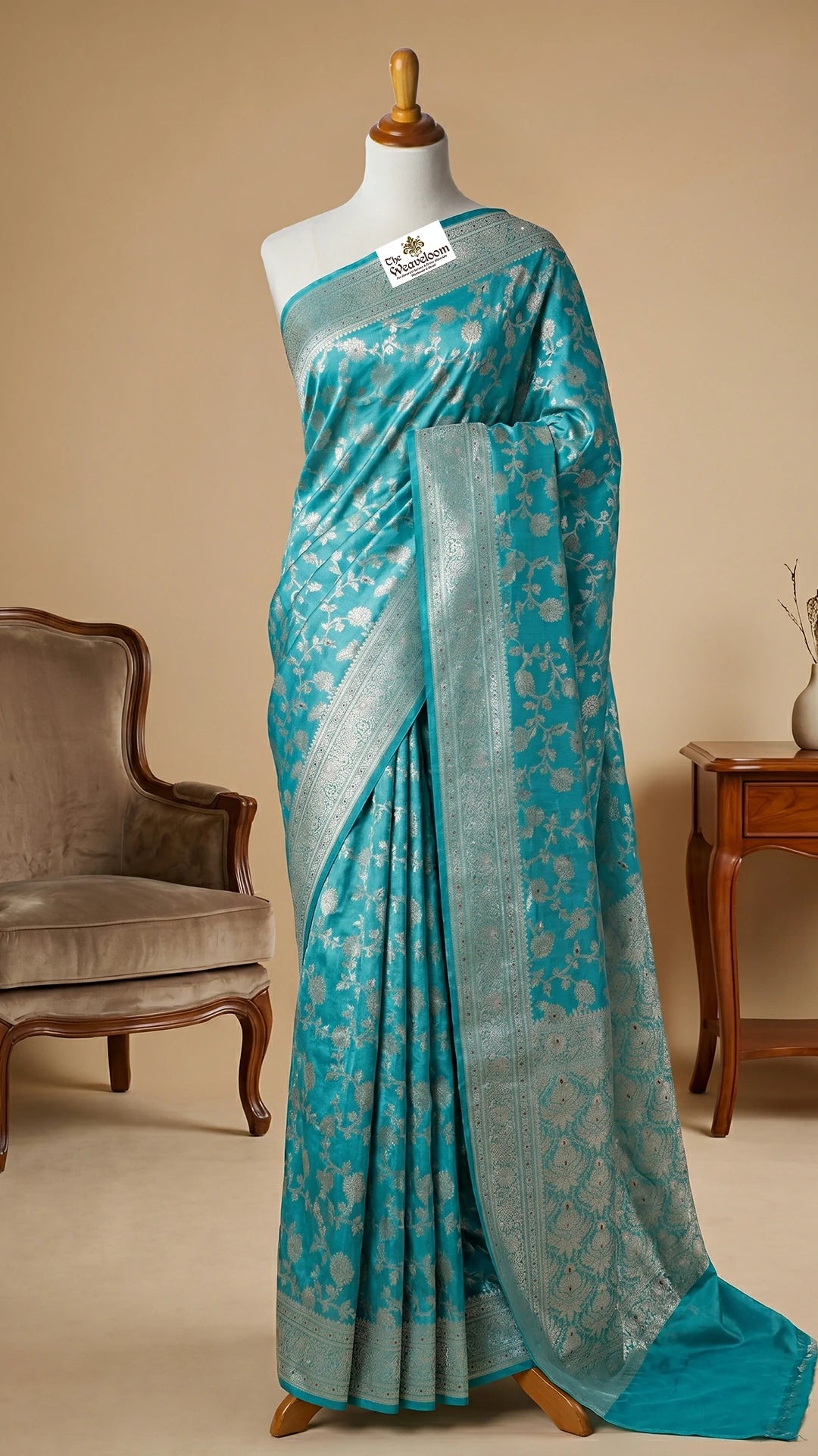 Sea Green Dupion Silk Pure Banarasi Saree with Silver Zari Floral Jaal and Meenakari by The Weaveloom