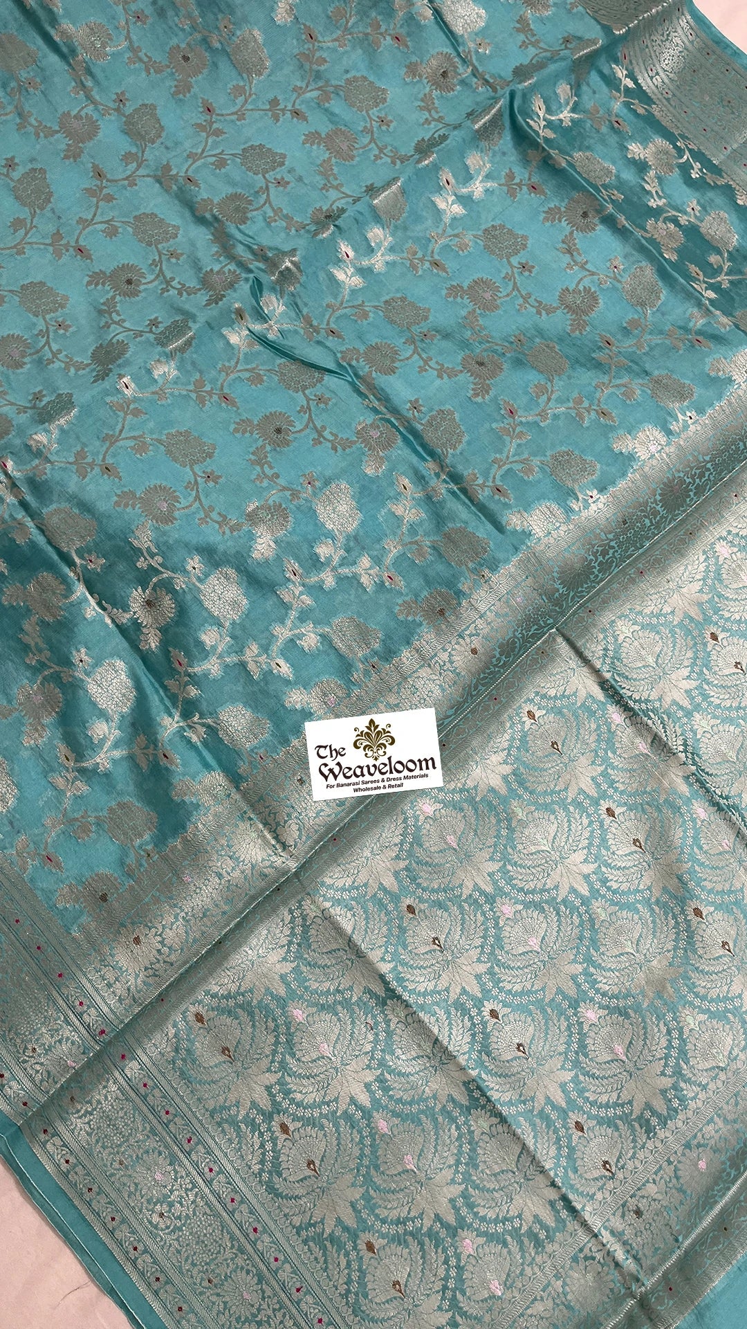 Sea Green Dupion Silk Pure Banarasi Saree with Silver Zari Floral Jaal and Meenakari by The Weaveloom