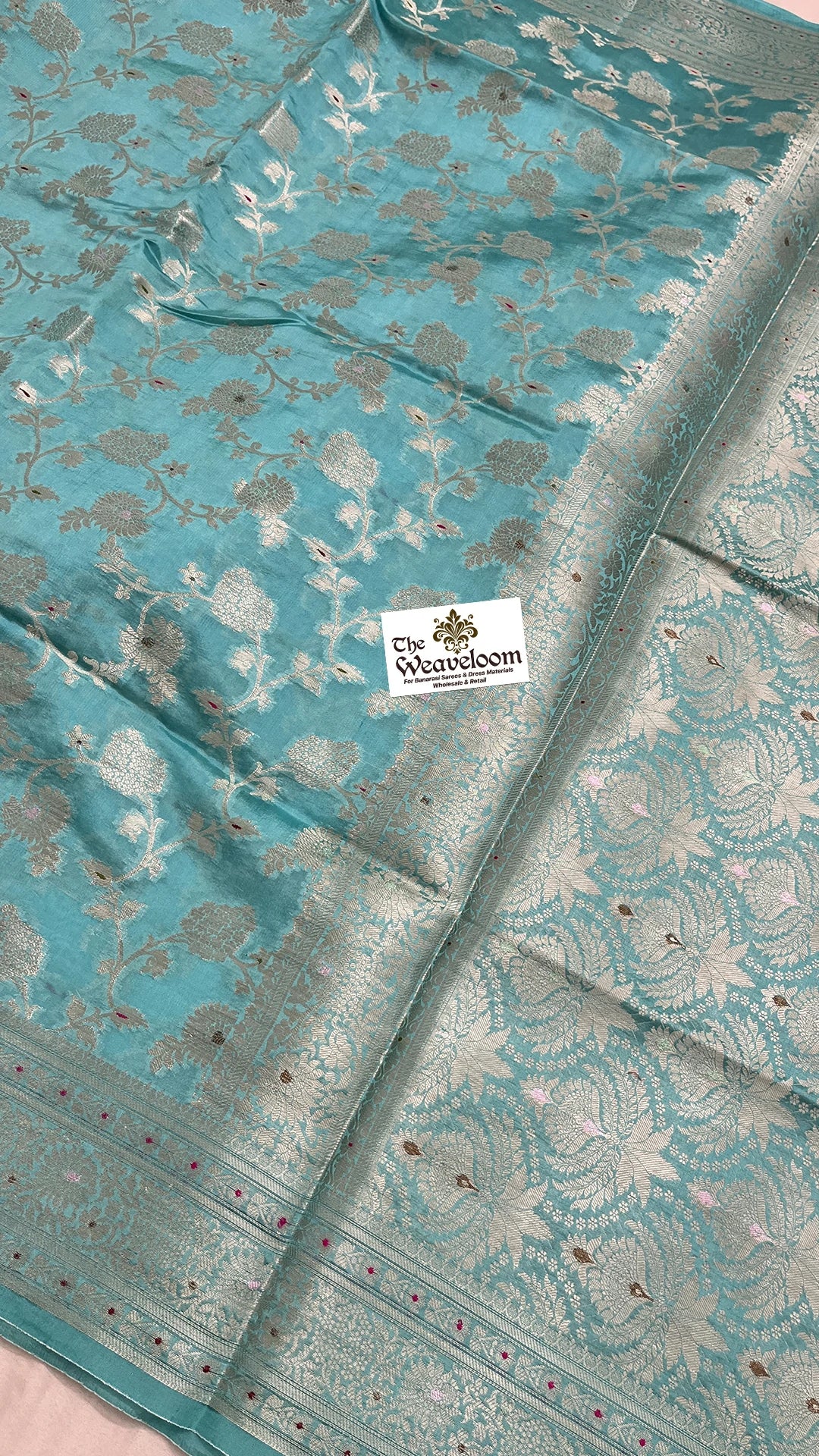 Sea Green Dupion Silk Pure Banarasi Saree with Silver Zari Floral Jaal and Meenakari by The Weaveloom