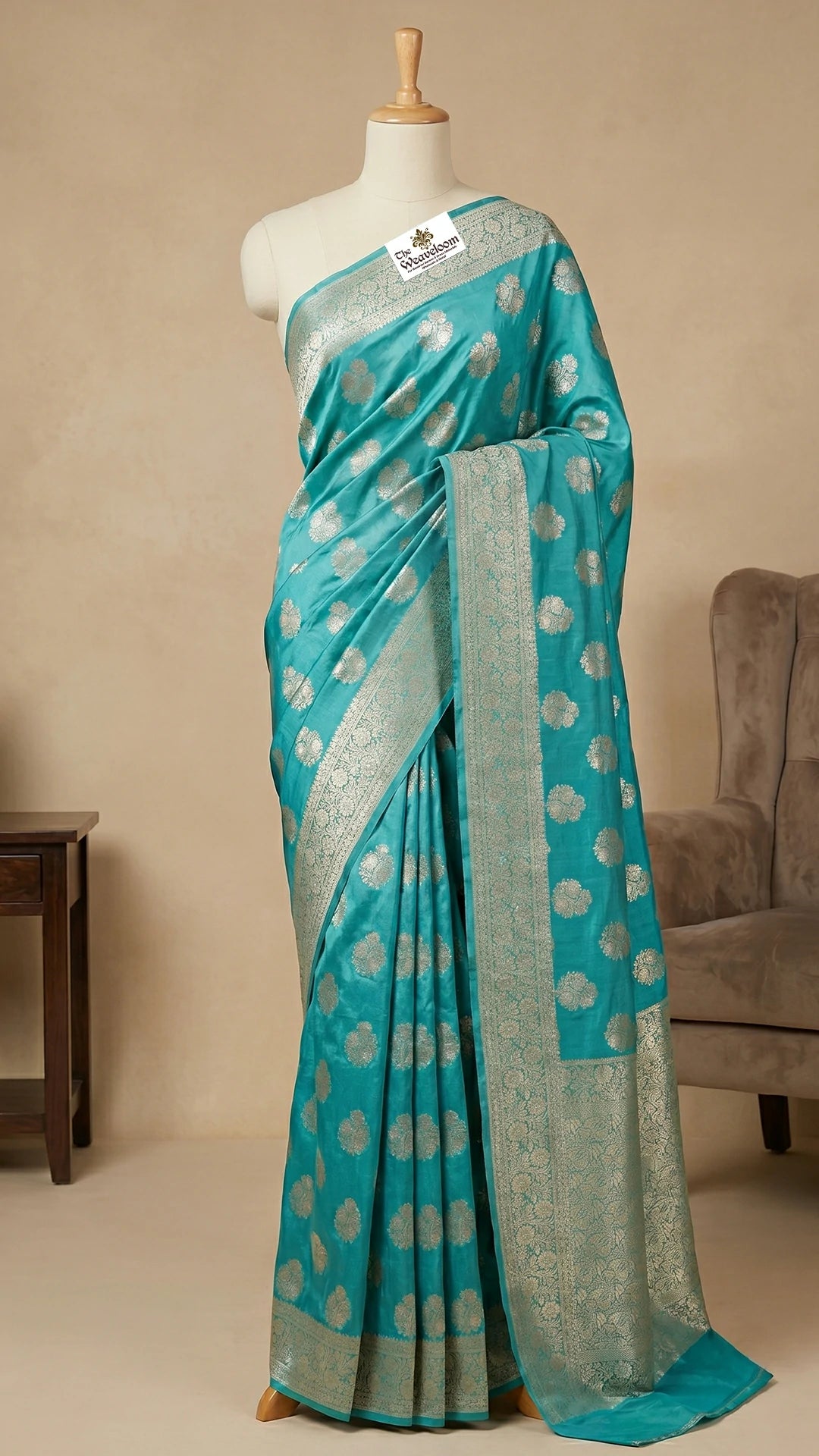 Sea Green Dupion Silk Banarasi Saree with Floral Buti Gold Zari Jaal Border by The Weaveloom
