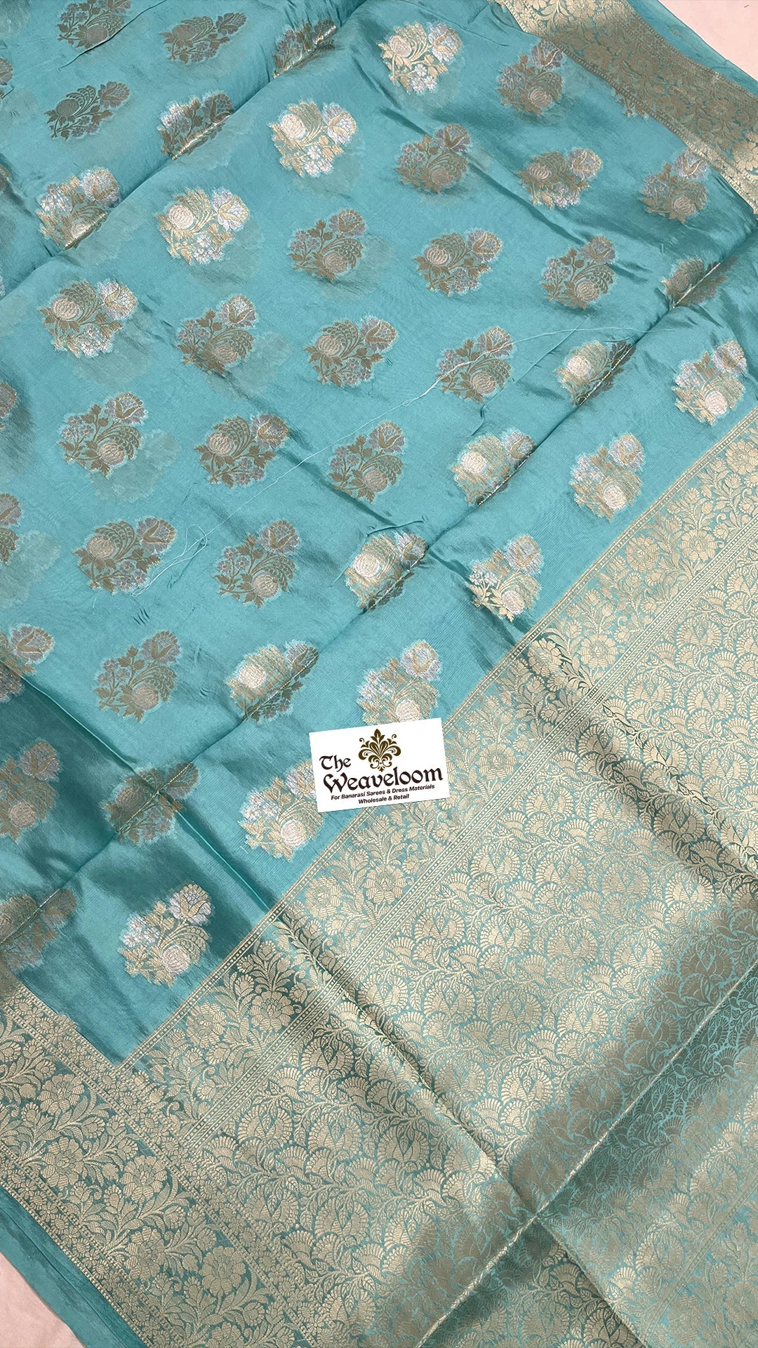Sea Green Dupion Silk Banarasi Saree with Floral Buti Gold Zari Jaal Border by The Weaveloom