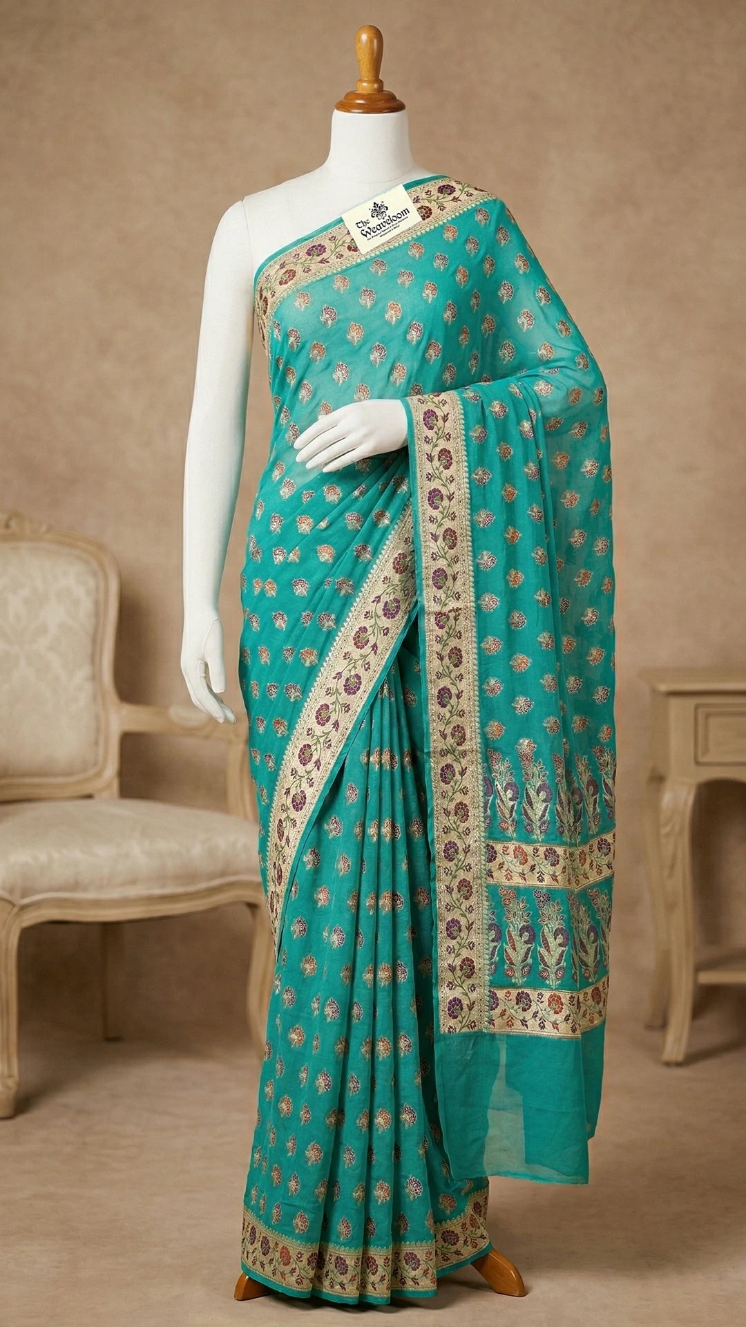 Sea Green Floral Meenakari Crepe Georgette Pure Banarasi Saree with Golden Zari Border by The Weaveloom
