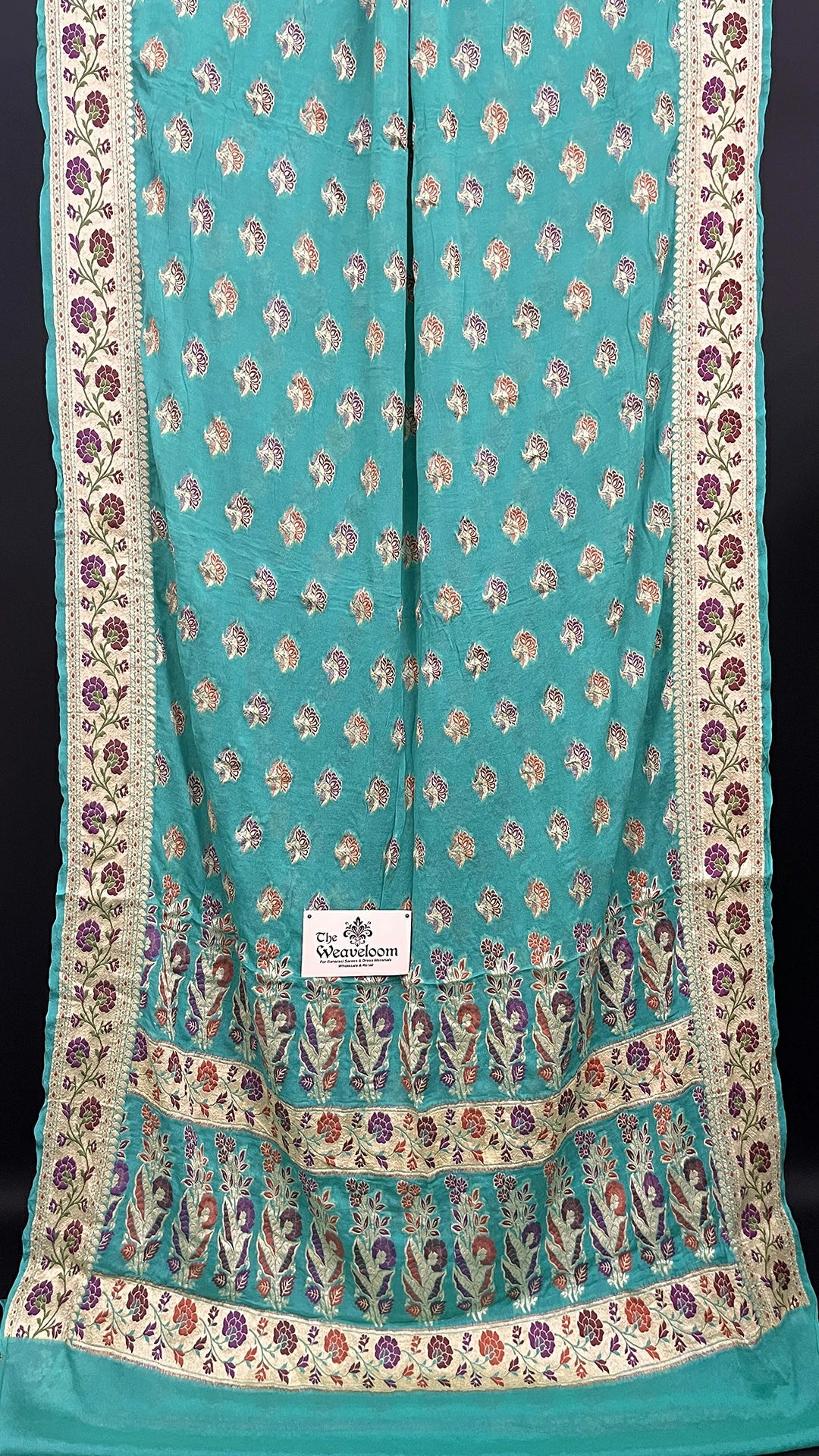 Sea Green Floral Meenakari Crepe Georgette Pure Banarasi Saree with Golden Zari Border by The Weaveloom