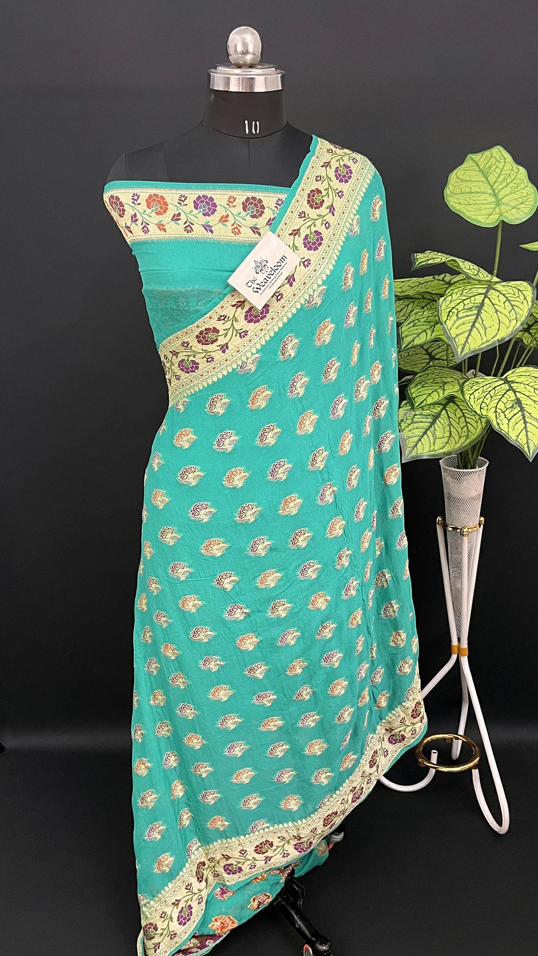 Sea Green Floral Meenakari Crepe Georgette Pure Banarasi Saree with Golden Zari Border by The Weaveloom