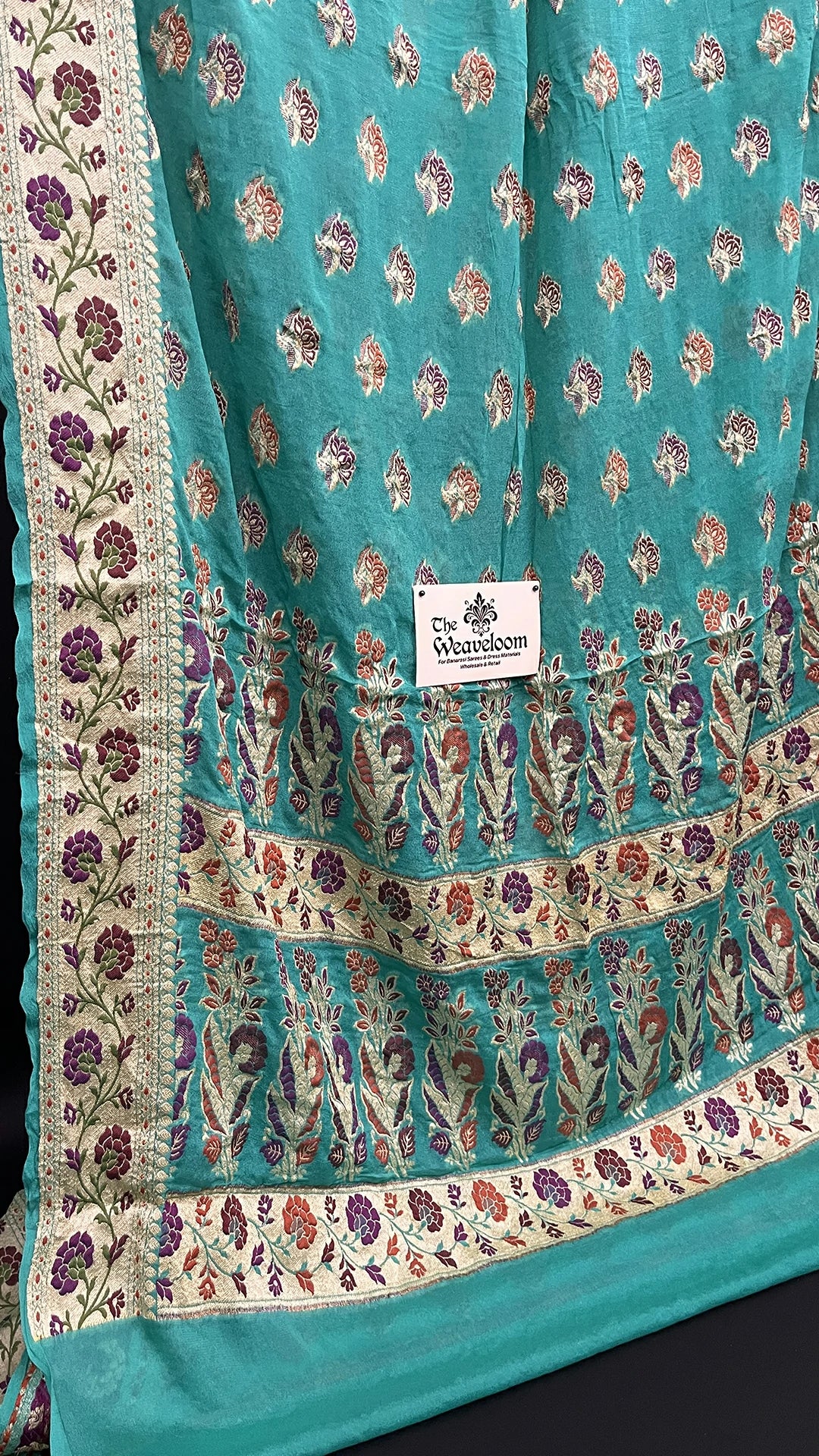 Sea Green Floral Meenakari Crepe Georgette Pure Banarasi Saree with Golden Zari Border by The Weaveloom